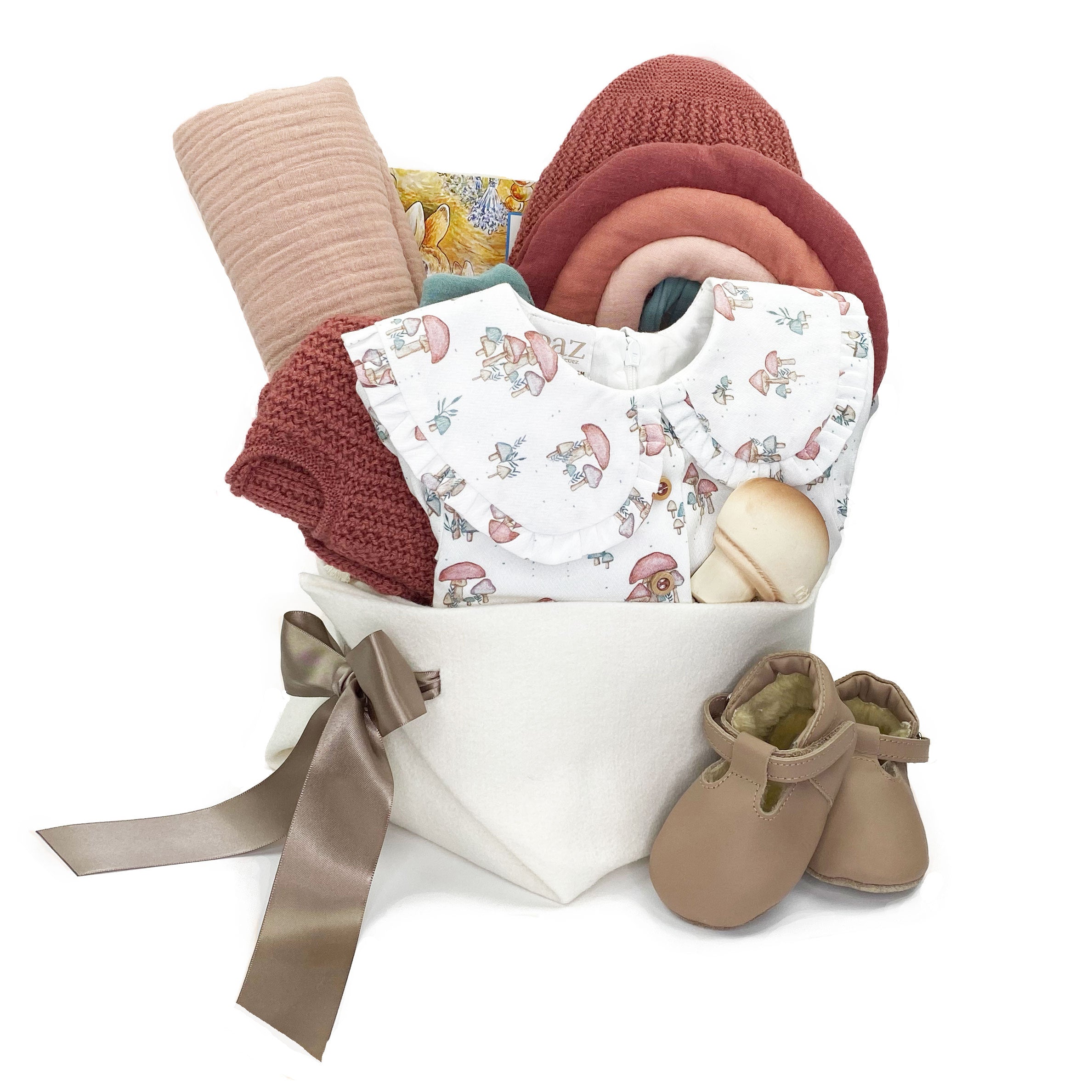 Baby Girl Gift Basket featuring Luxury Baby Gifts by Paz Rodriguez featuring a dress with bloomer in adorable little mushrooms print with knitted cardigan and bonnet, leather shoes and curated accessories by Bonjour Baby Baskets 