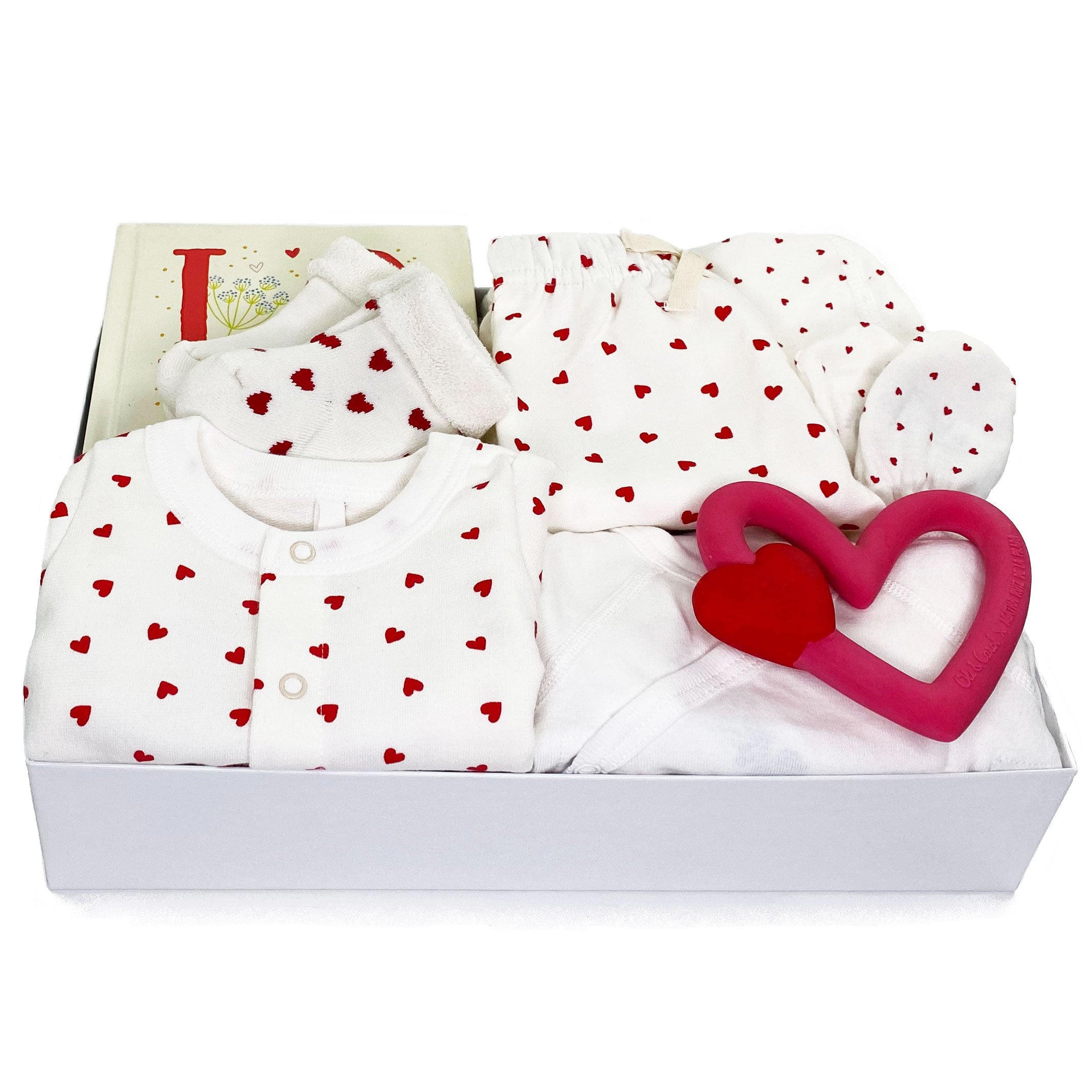 Luxury Baby Gift Box featuring Petit Bateau organic cotton gift set with hearts print and curated accessories