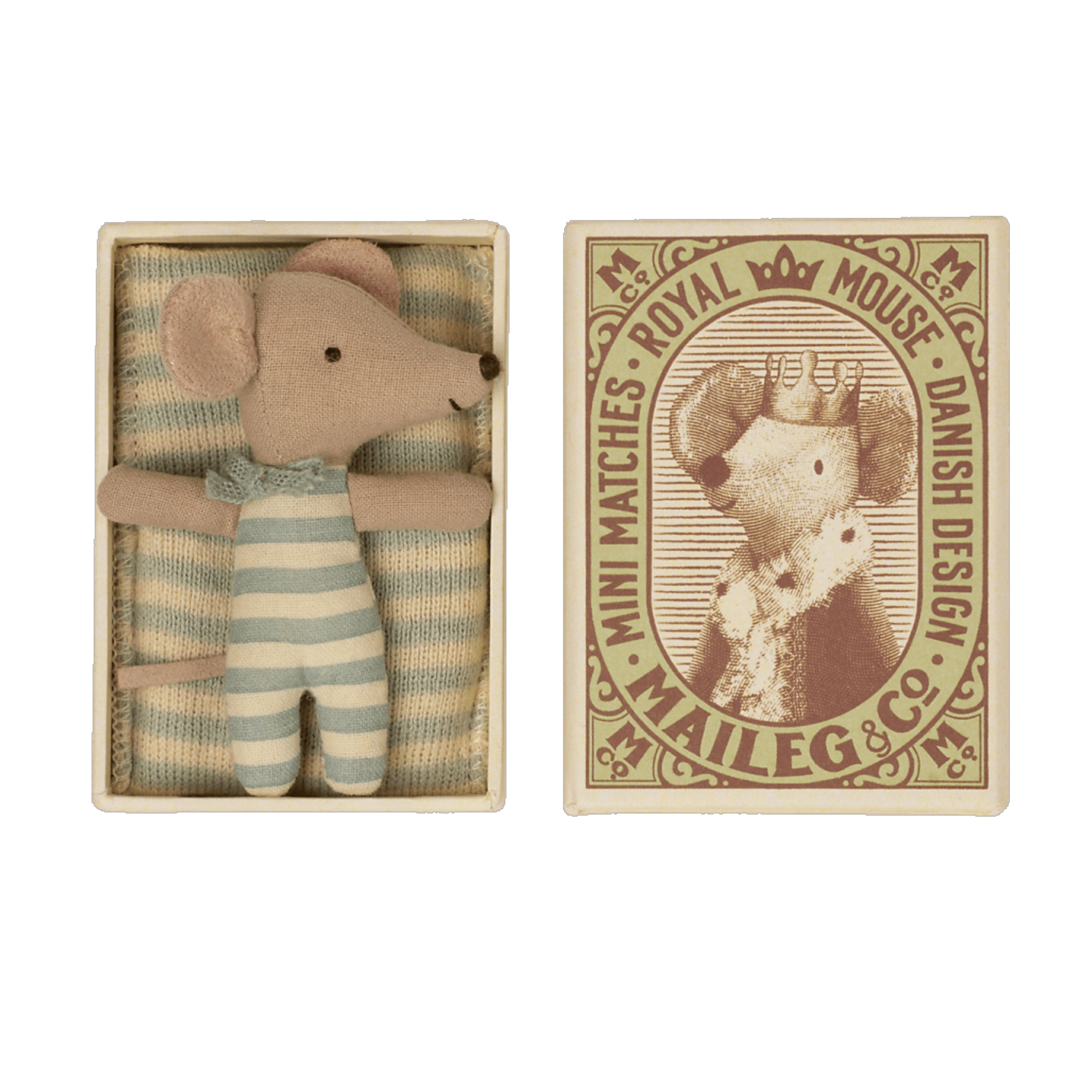 Adorable baby mouse in matchbox by Maileg with bedding and blanket. 