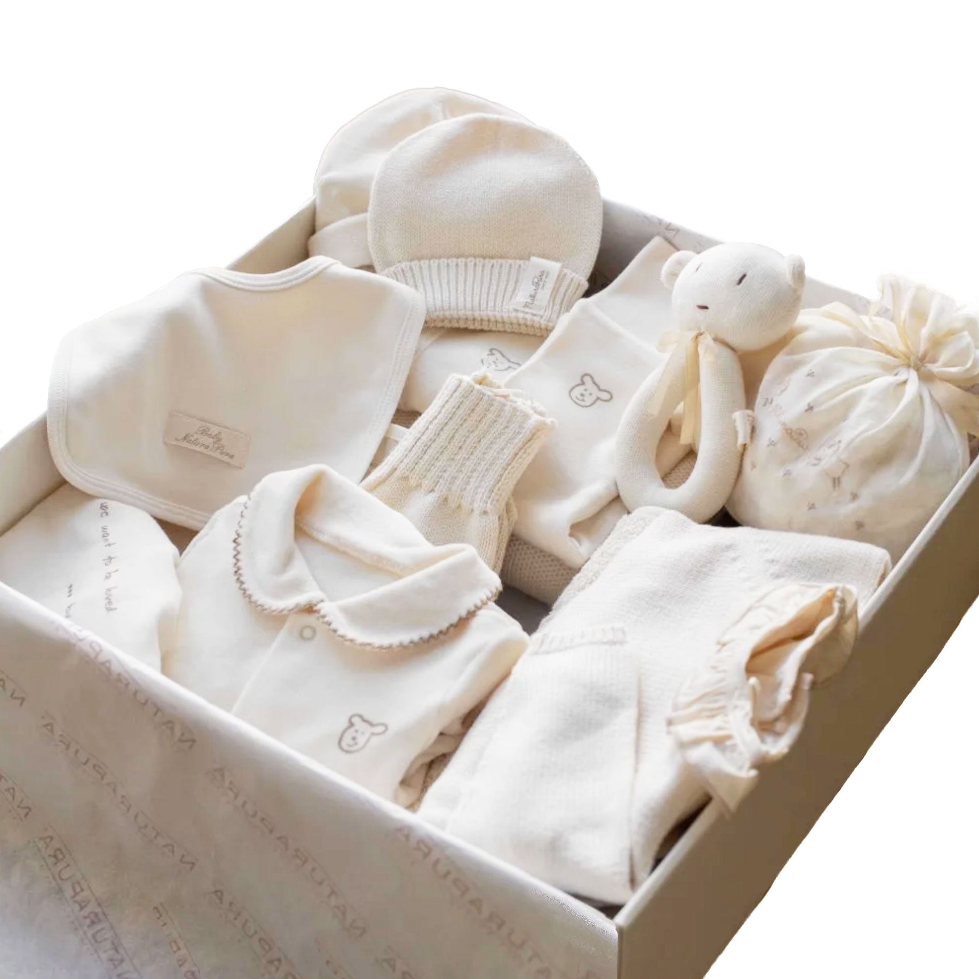 Luxury Organic Cotton 19 pieces baby gift box by Naturapura at Bonjour Baby Baskets