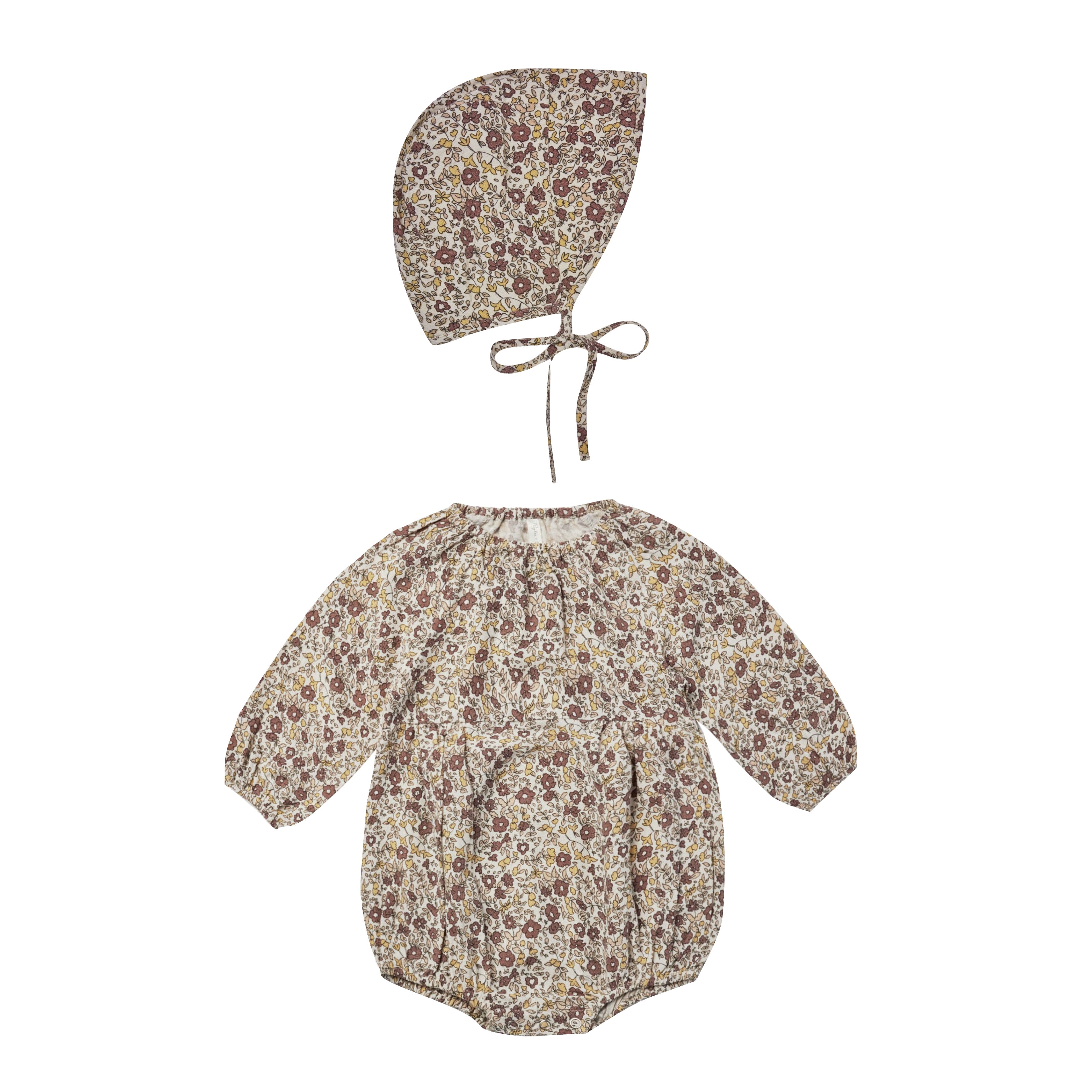 Exclusive Rylee and Cru gift set of a bubble romper and matching bonnet at Bonjour Baby Baskets