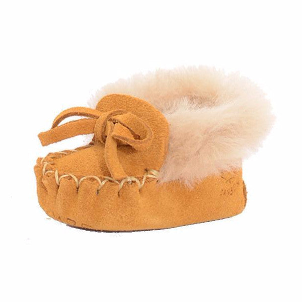 Traditional Baby Mocs in leather with sheepskin collar at Bonjour Baby Baskets
