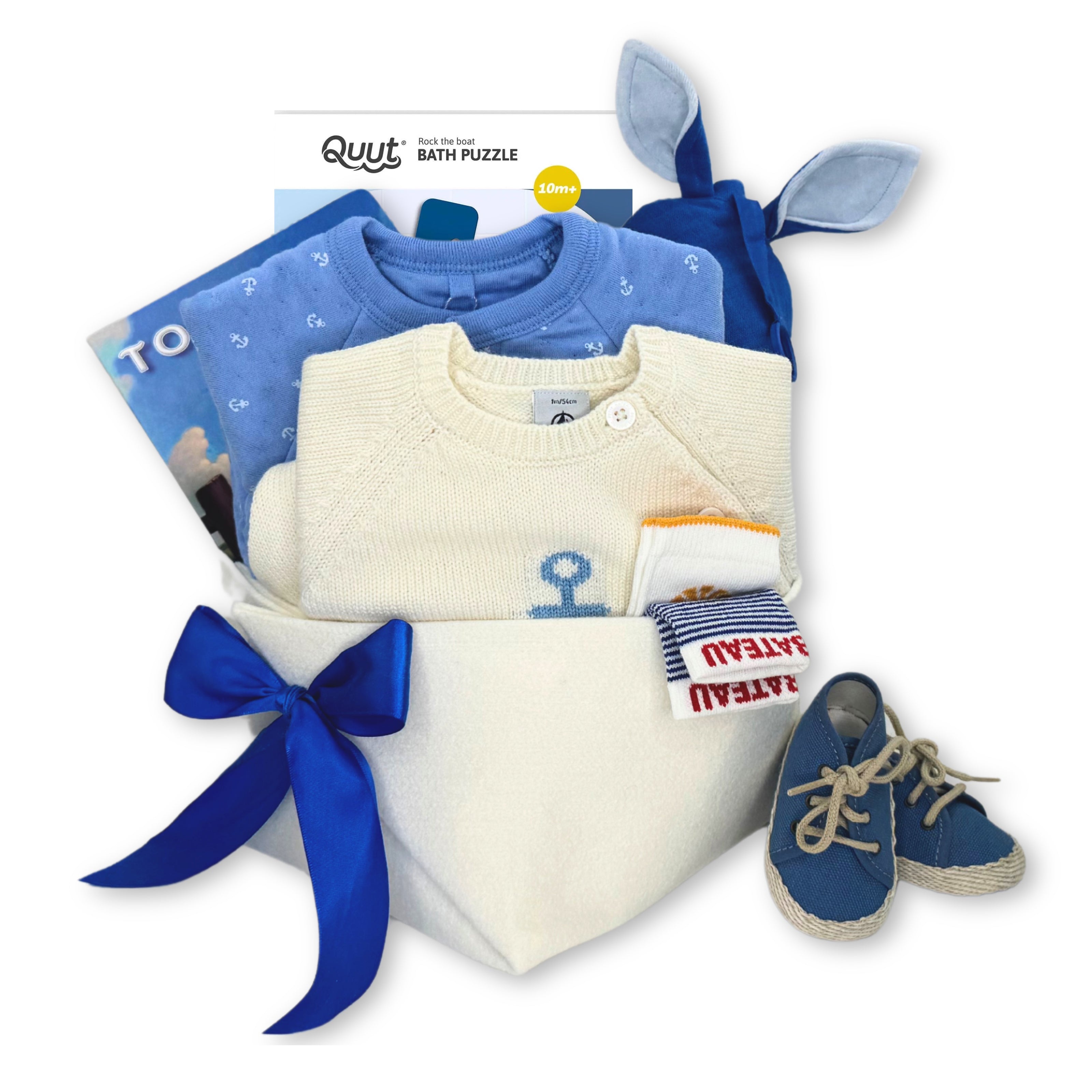 Luxury Baby Gift Basket featuring Petit Bateau signature anchor at Bonjour Baby Baskets