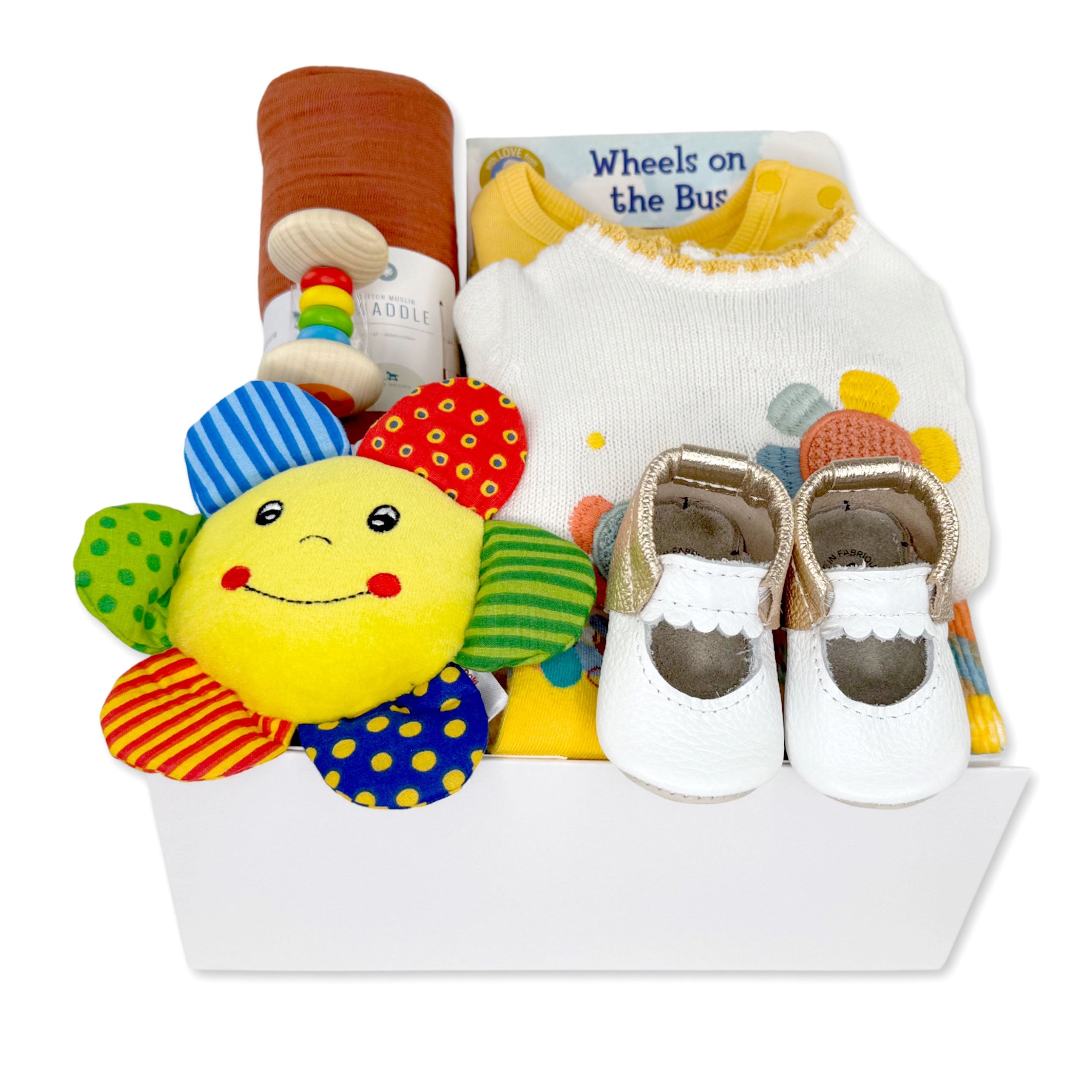 Adorable Baby Girl Gift Box colorful with baby girl clothing, shoes and toys at Bonjour Baby Baskets
