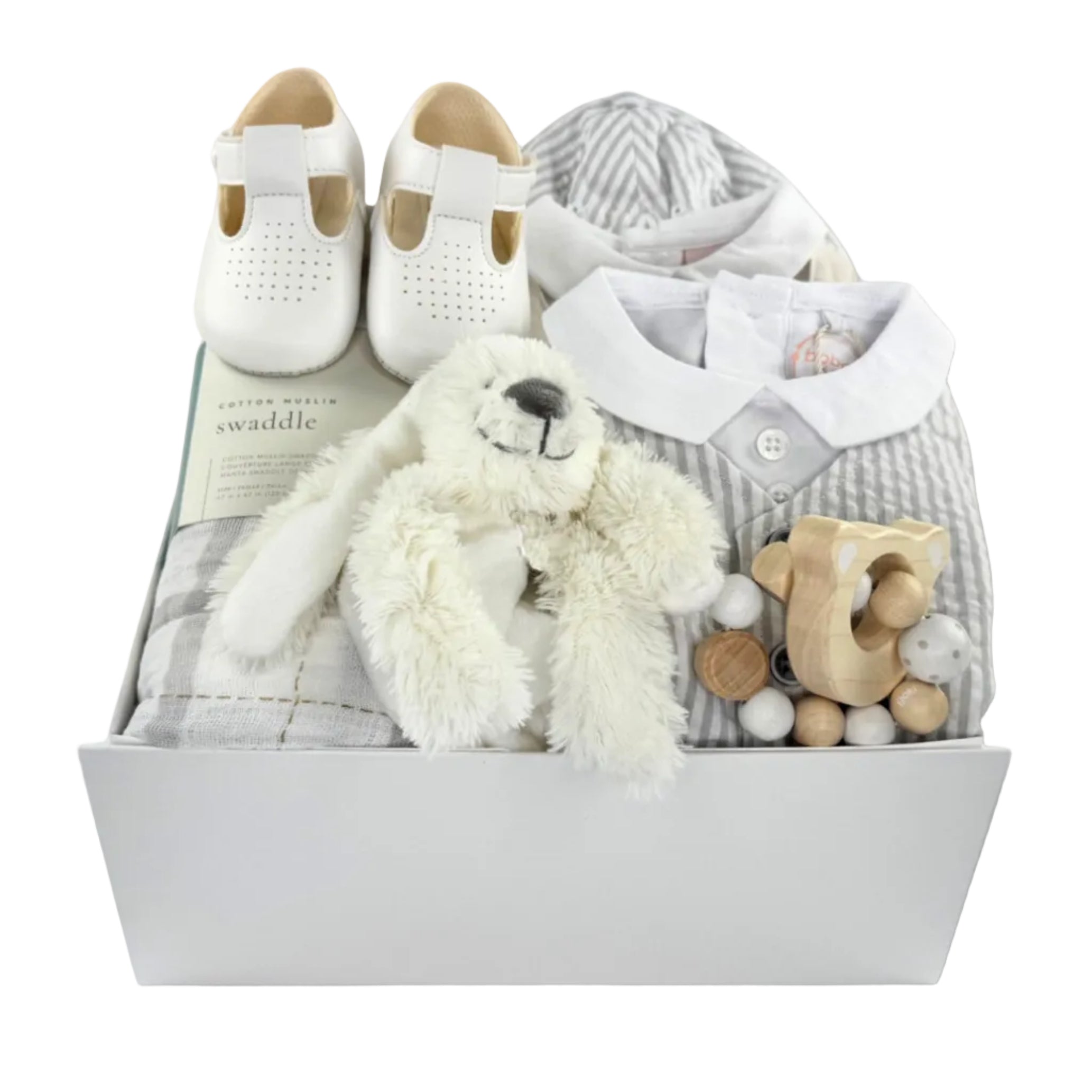 Baby Boy Gift Box featuring Spring and Summer collection  outfits, blanket, shoes and toys at Bonjour Baby Baskets