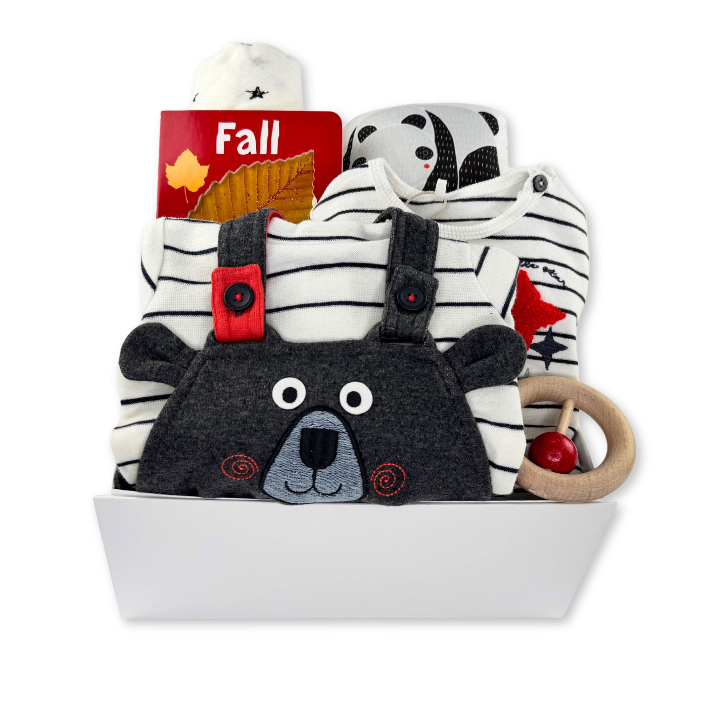 Neutral Baby Gift Box with clothing, blanket, book and toys at Bonjour Baby Baskets