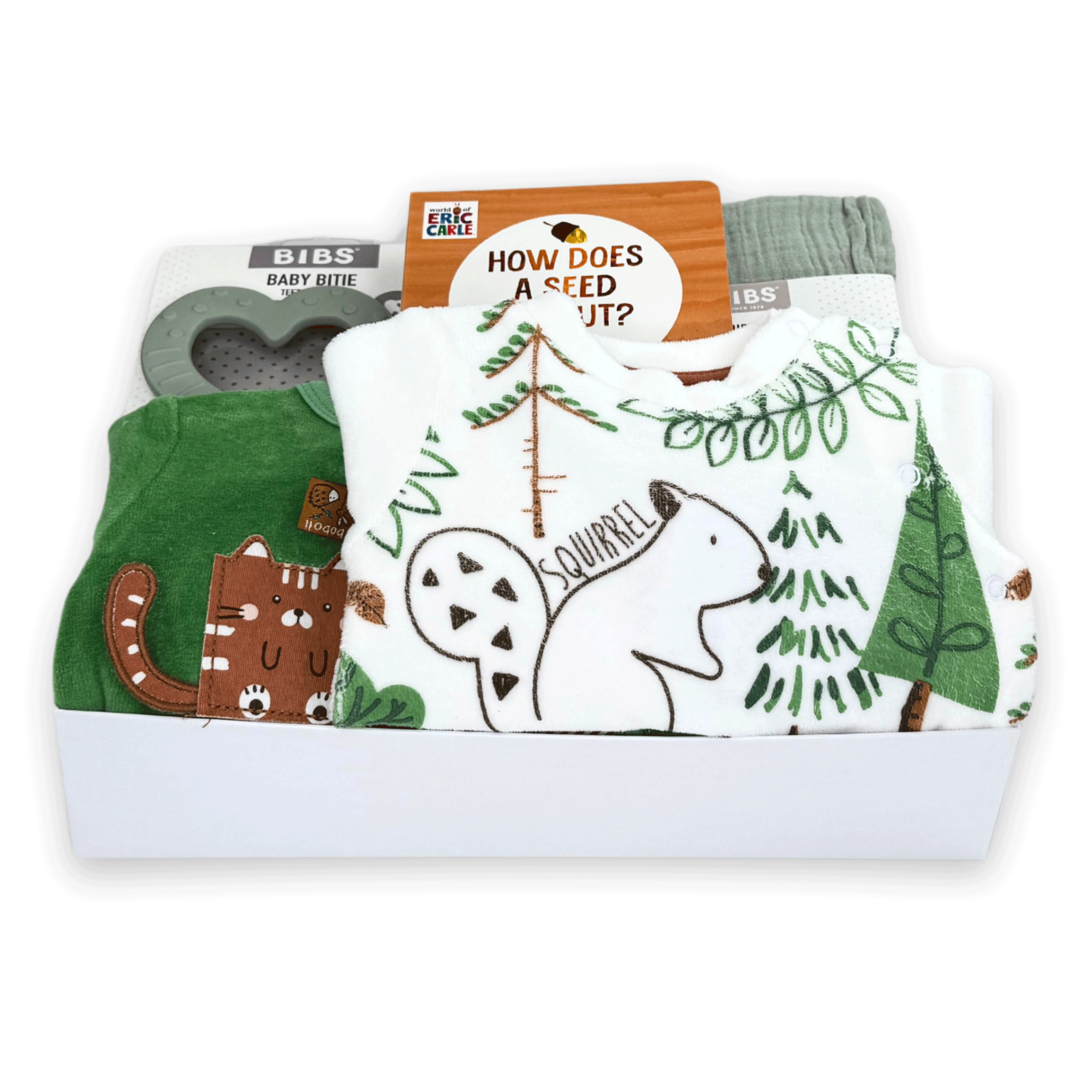 Neutral Baby Gift Box with nature print at Bonjour Baby Baskets