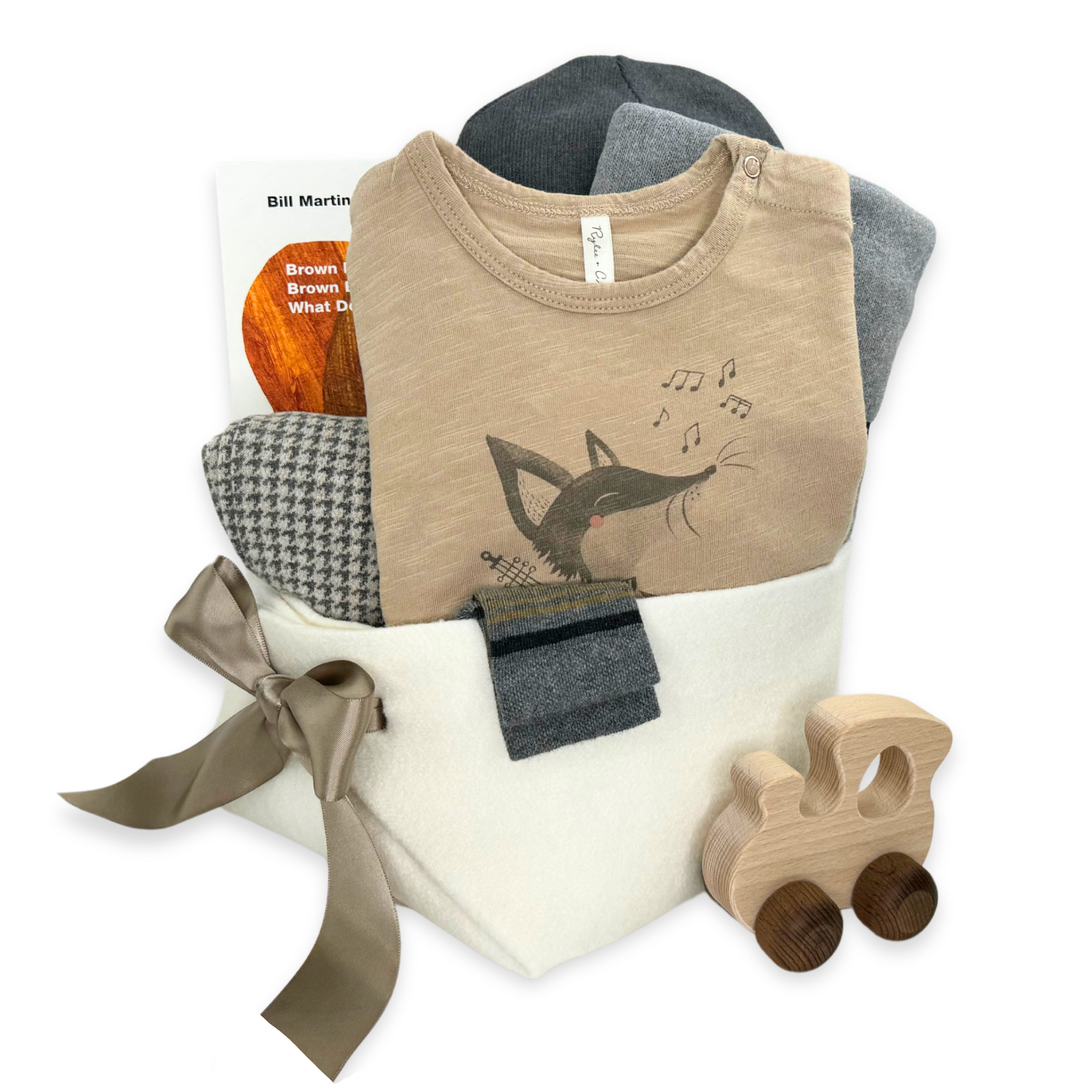 Trendy Neutral Baby Gift featuring Rylee and Cru and 1+ in the Family at Bonjour Baby Baskets 