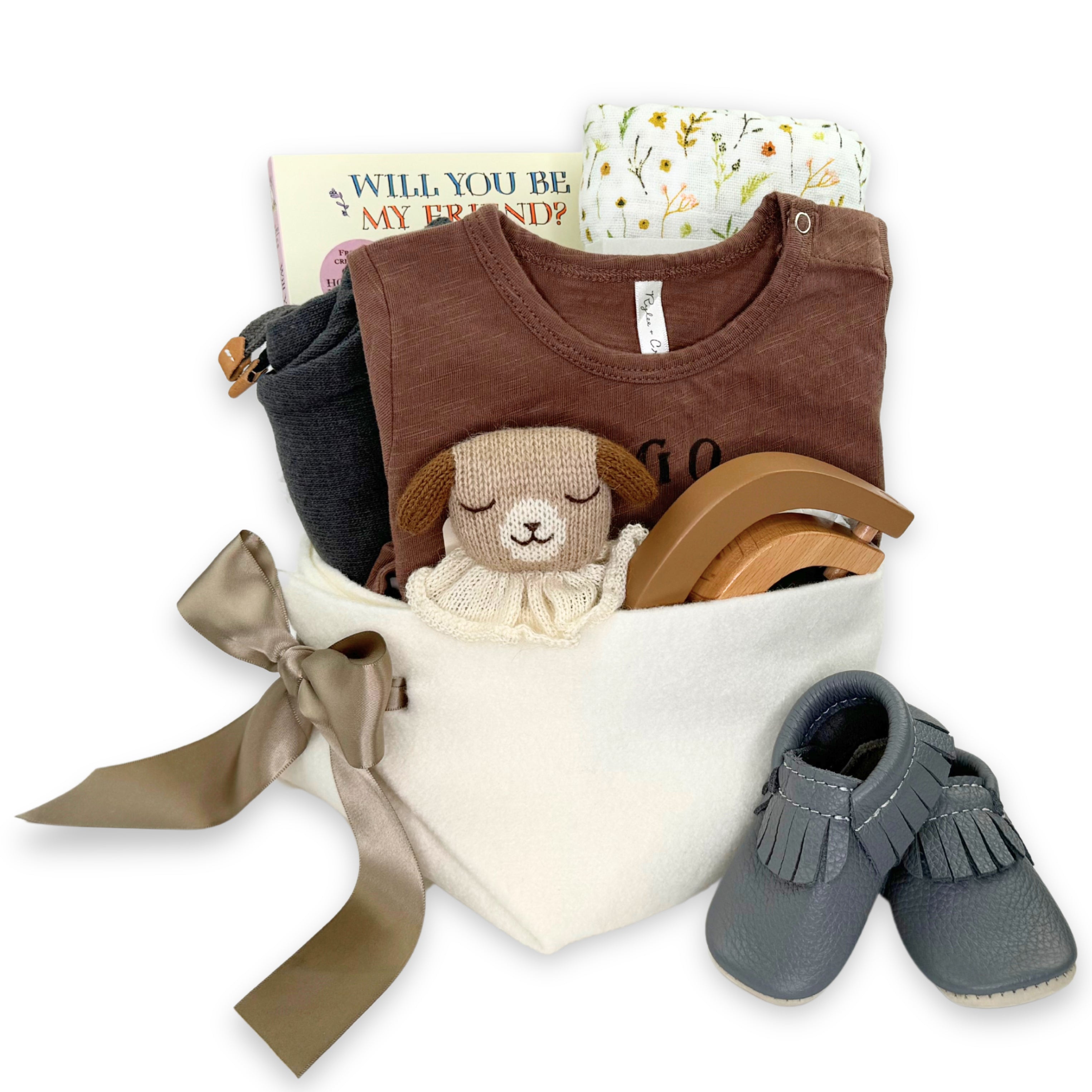 Trendy Baby Gift Basket featuring Rylee and Cru at Bonjour Baby Baskets