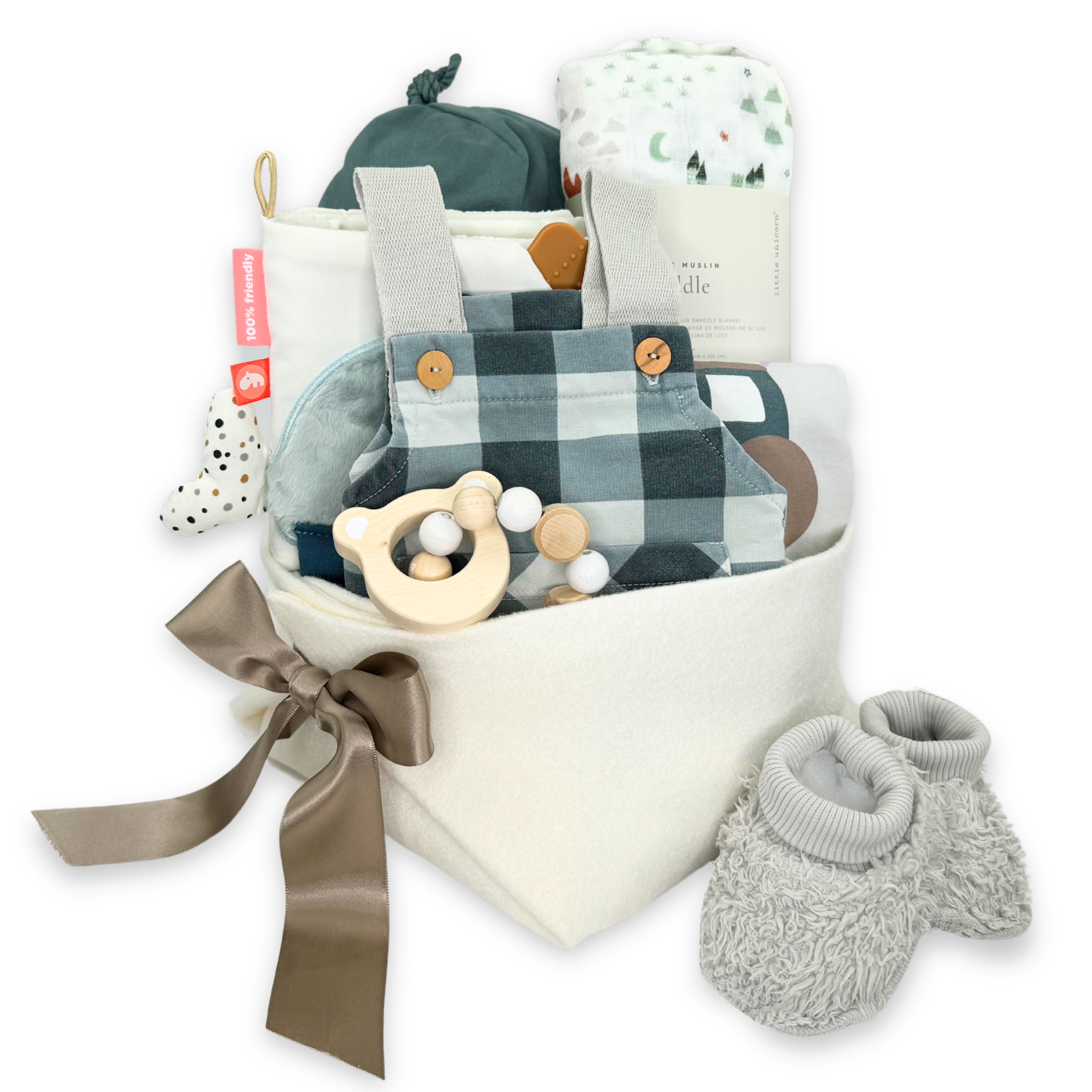 Luxury Baby Gift Basket in organic cotton featuring designer from Portugal  Snug and curated baby gifts. 