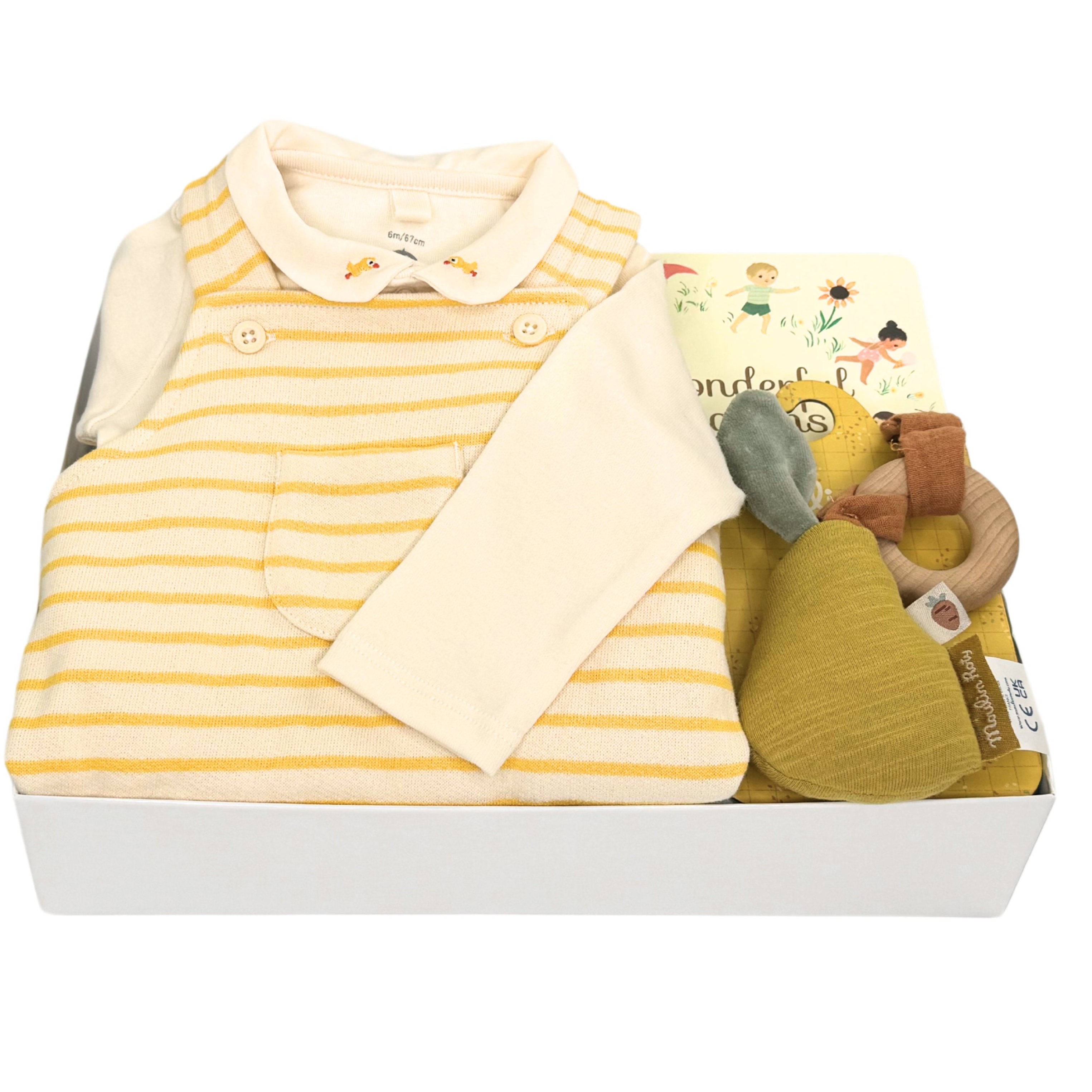 Luxury Baby Gift Box featuring Petit Bateau Romper in Yellow Stripes at Bonjour Baby Baskets