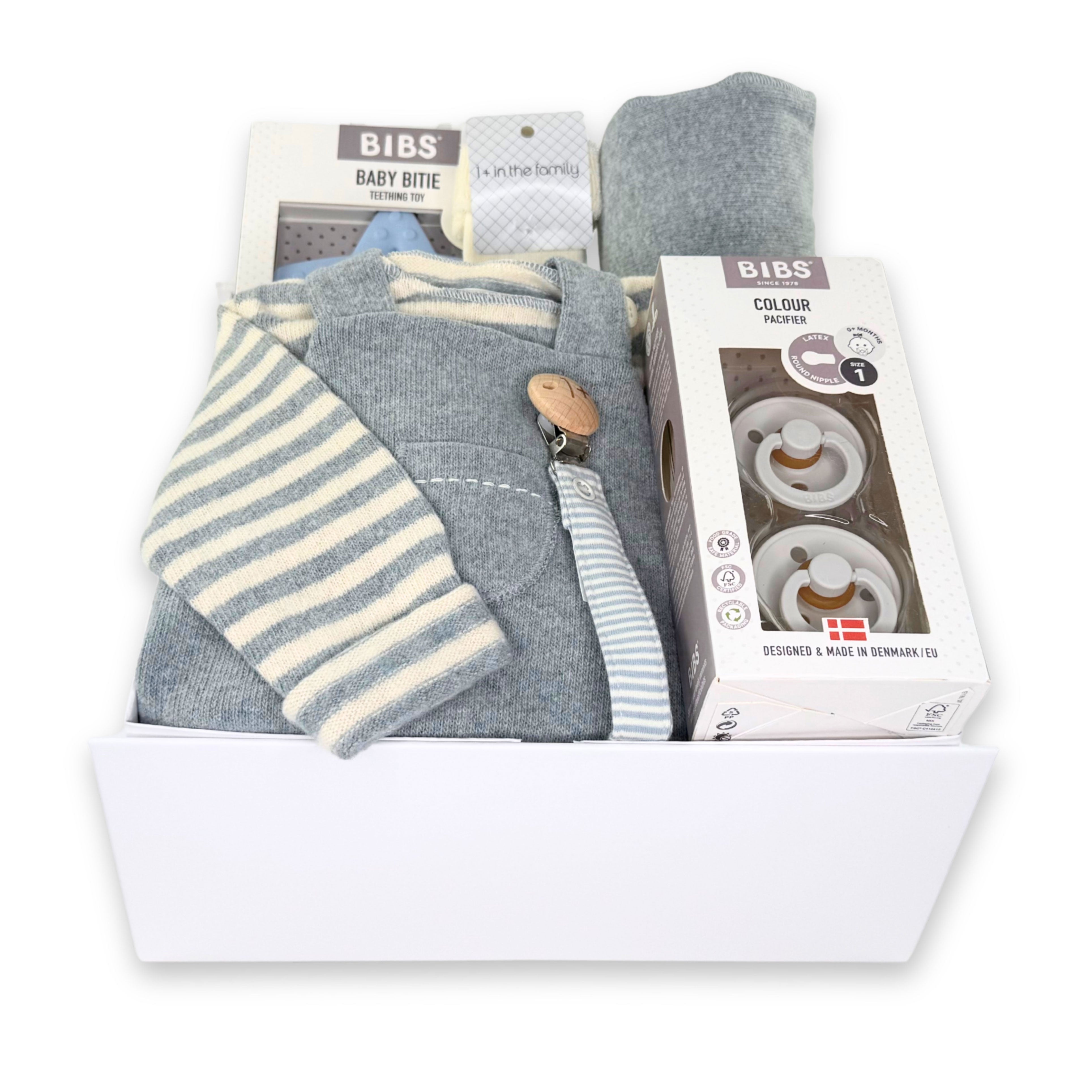 Luxury Baby Gift Box with adorable baby clothing for a boy in a cloud blue colour at Bonjour Baby Baskets