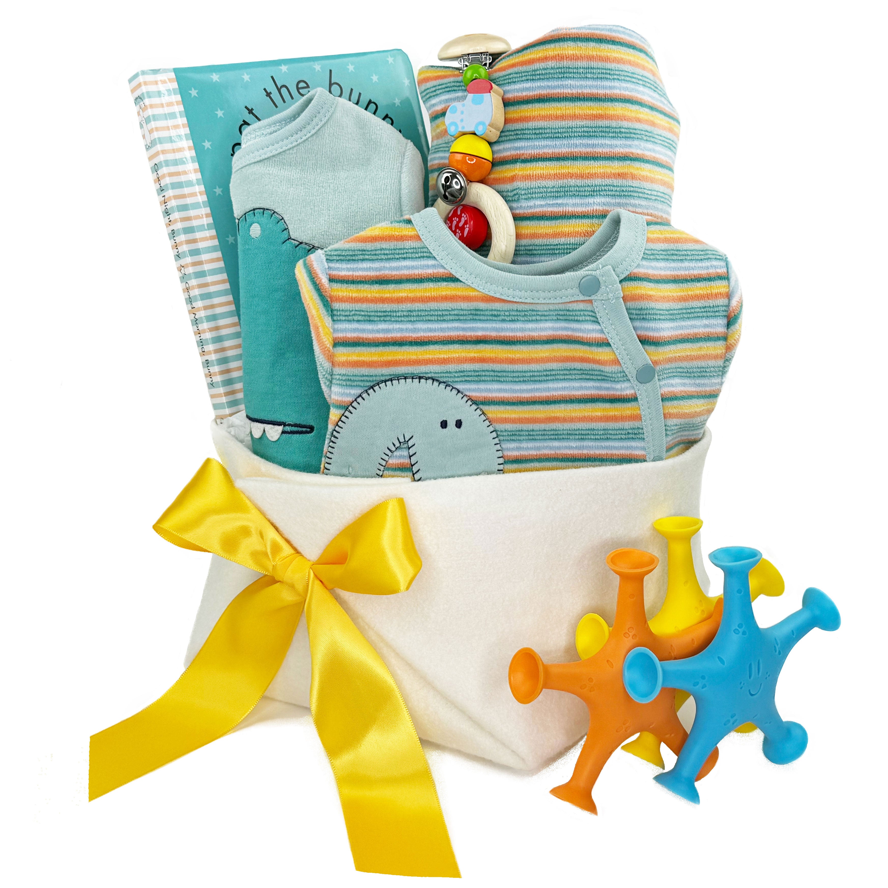 Luxury Baby Gift Basket with fun colours and Dinosaur Design