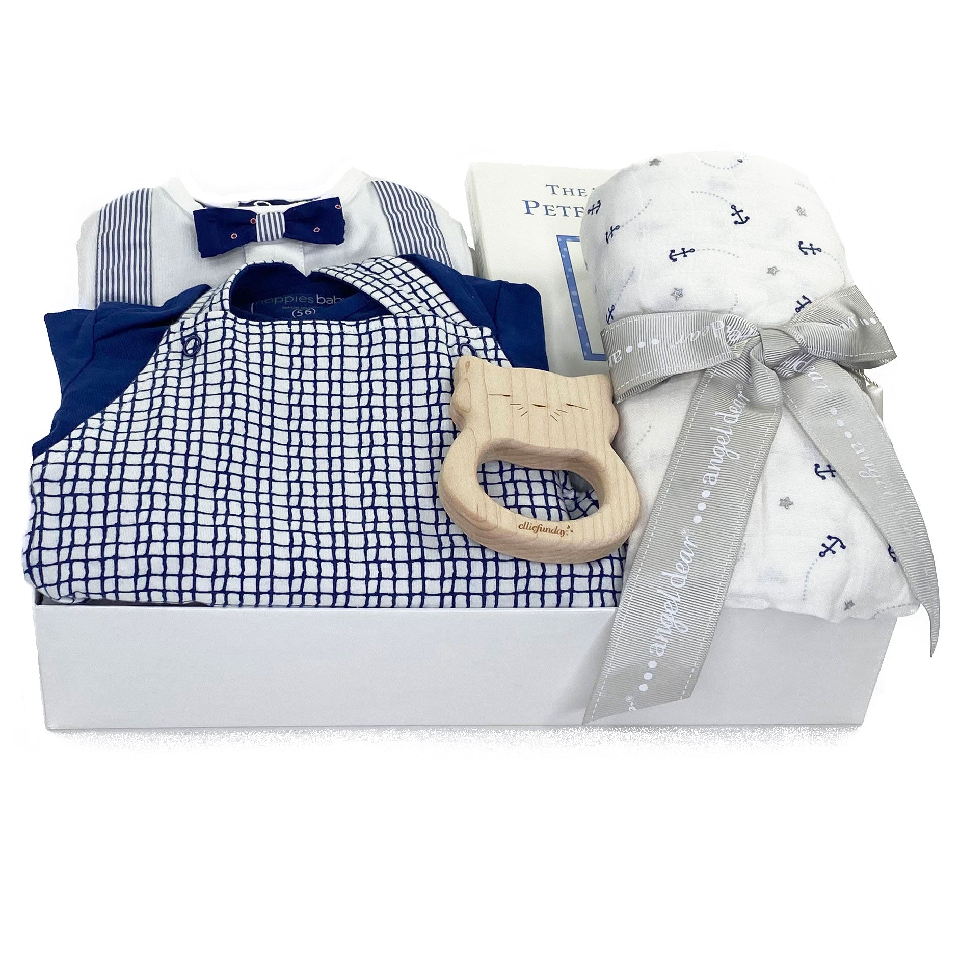 Adorable Baby Boy Gift Box with romper, tee, onesie, blanket, book and toy at Bonjour Baby Baskets