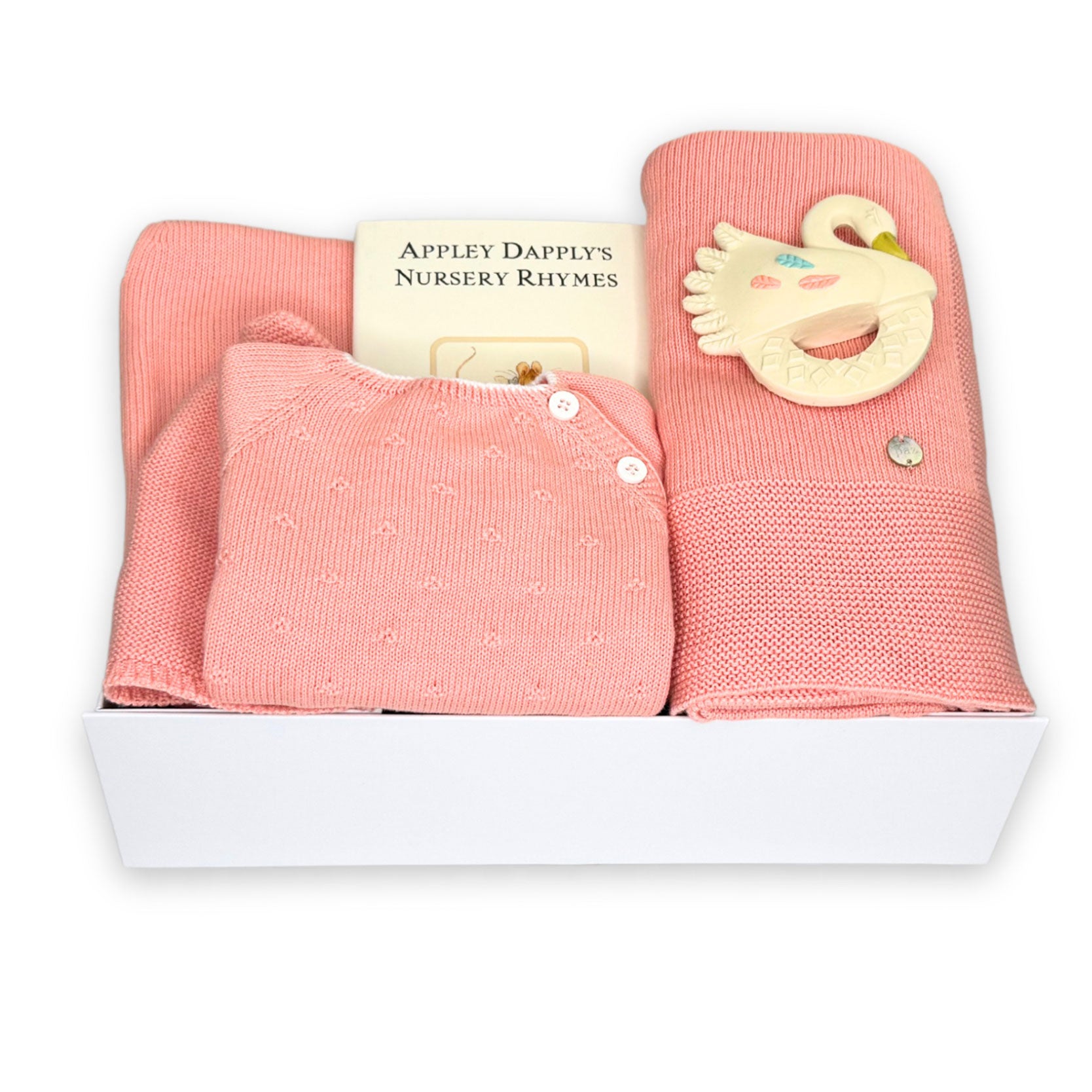 Luxury Baby Girl Gift Box by Paz Rodriguez in Mandarine colour with a toy and a book by Bonjour Baby Baskets