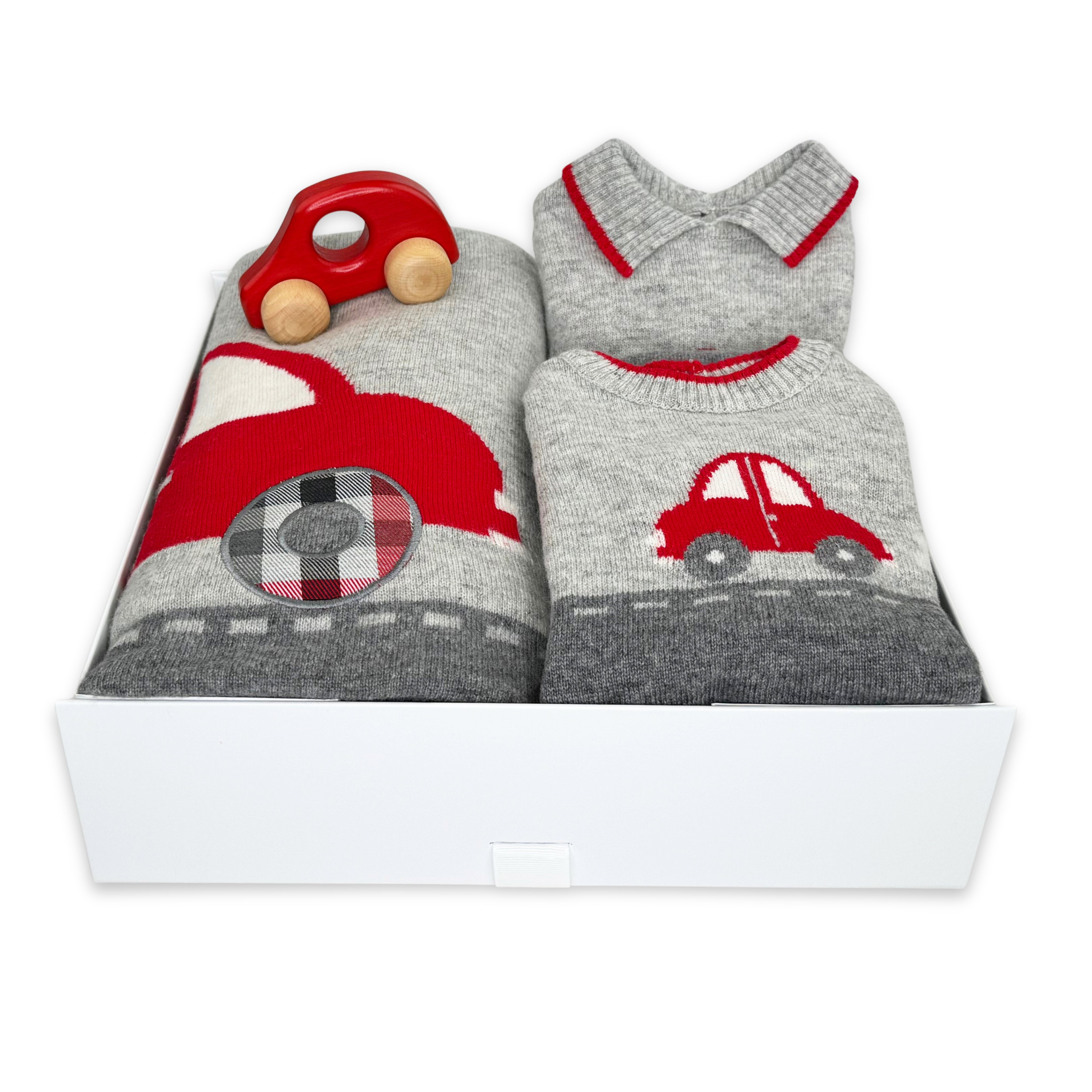 Luxury Baby Boy Gift Box with knitted cashmere blend clothing, blanket and adorable red car