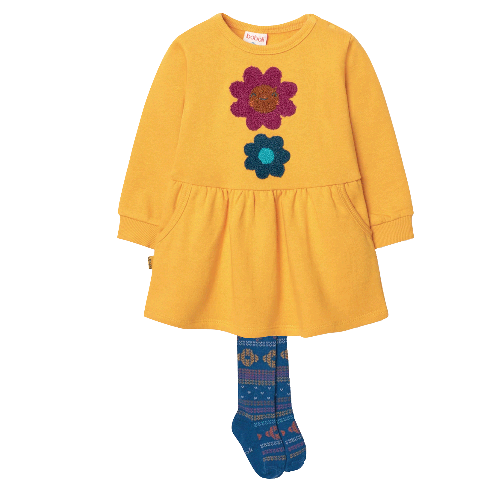 Boboli long sleeves baby dress in yellow with flower applique and matching tights at Bonjour Baby Baskets