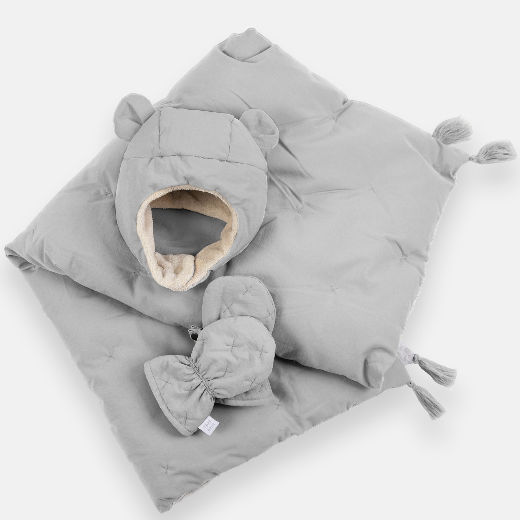 7AM Airy Baby Gift Set including stroller blanket, hat and mittens in pearl colour at Bonjour Baby Baskets