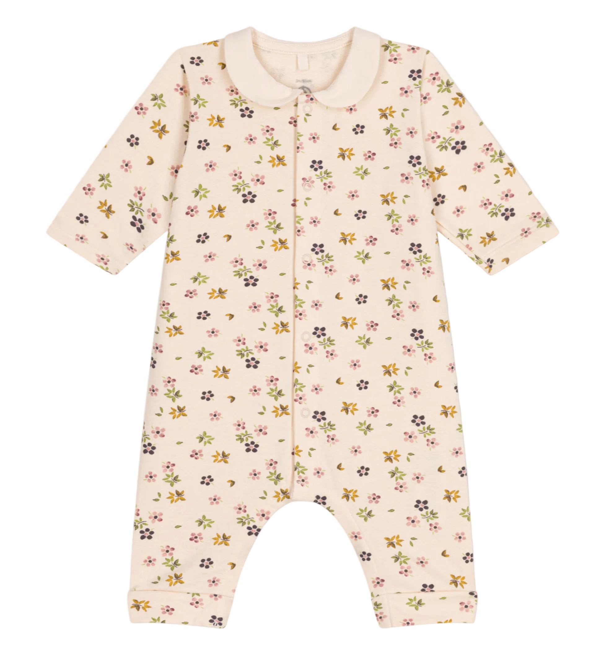Petit Bateau baby jumpsuit with floral pattern on a white background at Bonjour Baby Baskets