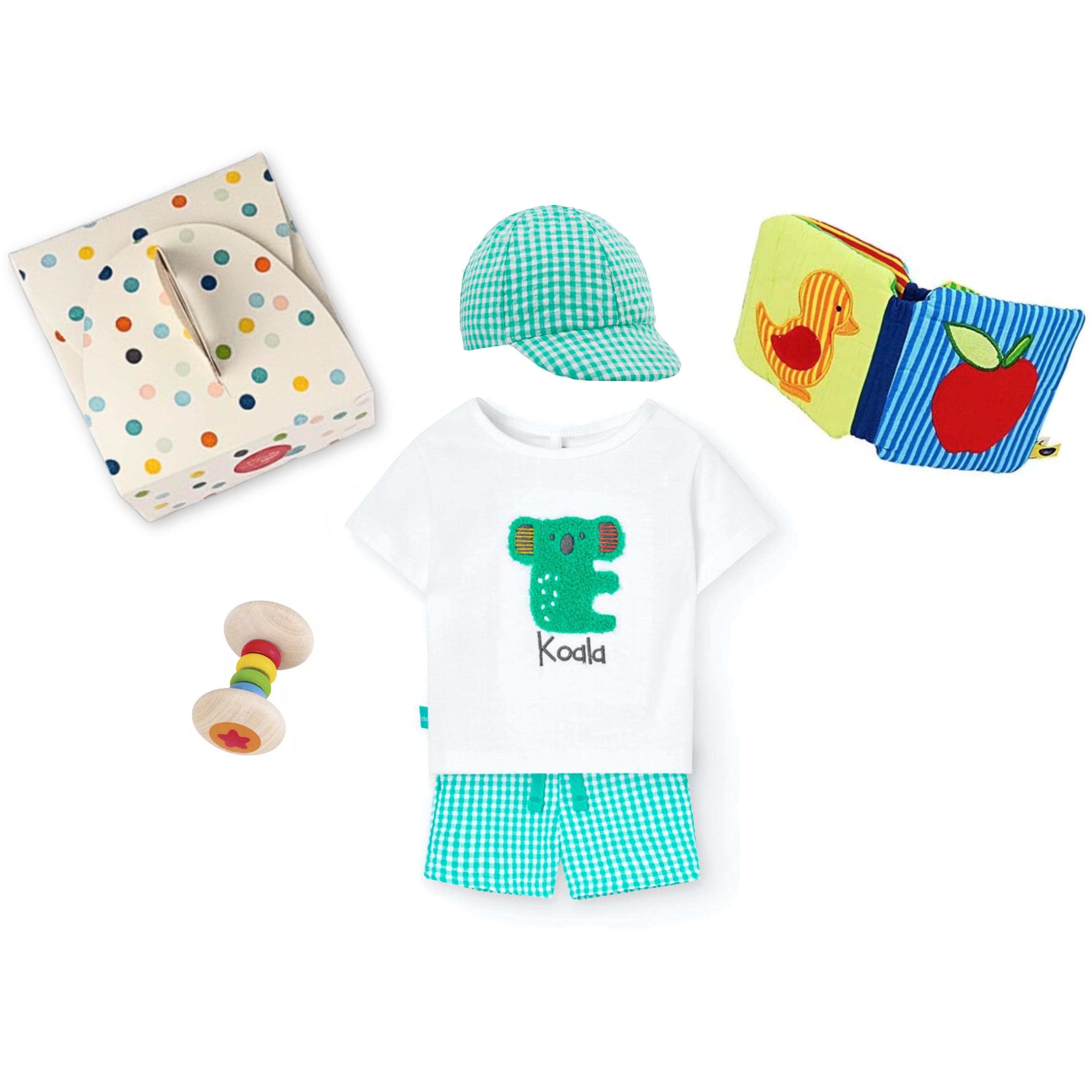 Cute Baby Boy Gift Bundle with T-Shirt, shorts, summer hat, book and rattle at Bonjour Baby Baskets