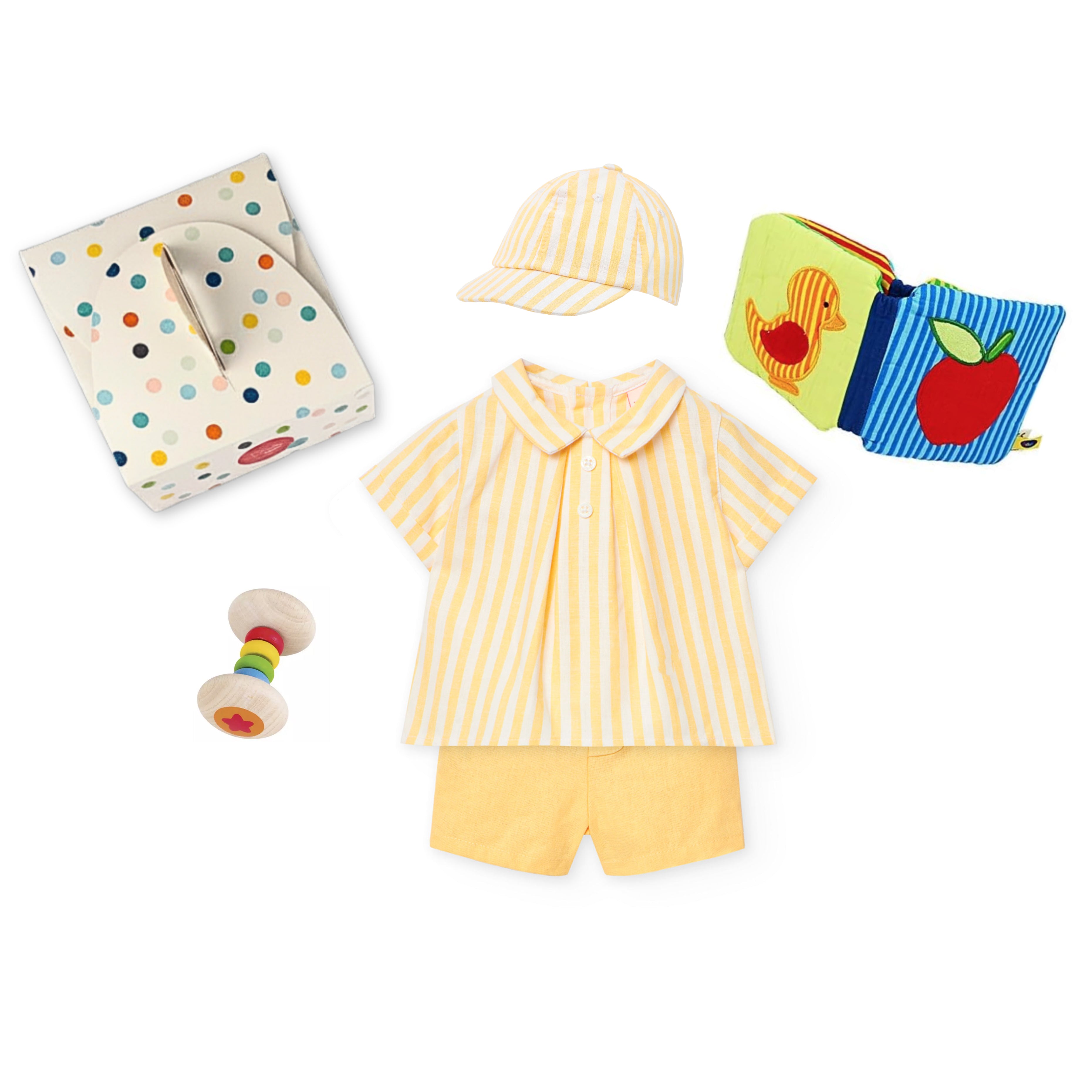 Baby Gift Box with yellow stripes summer hat and top and yellow shorts, a rattle and a book at Bonjour Baby Baskets