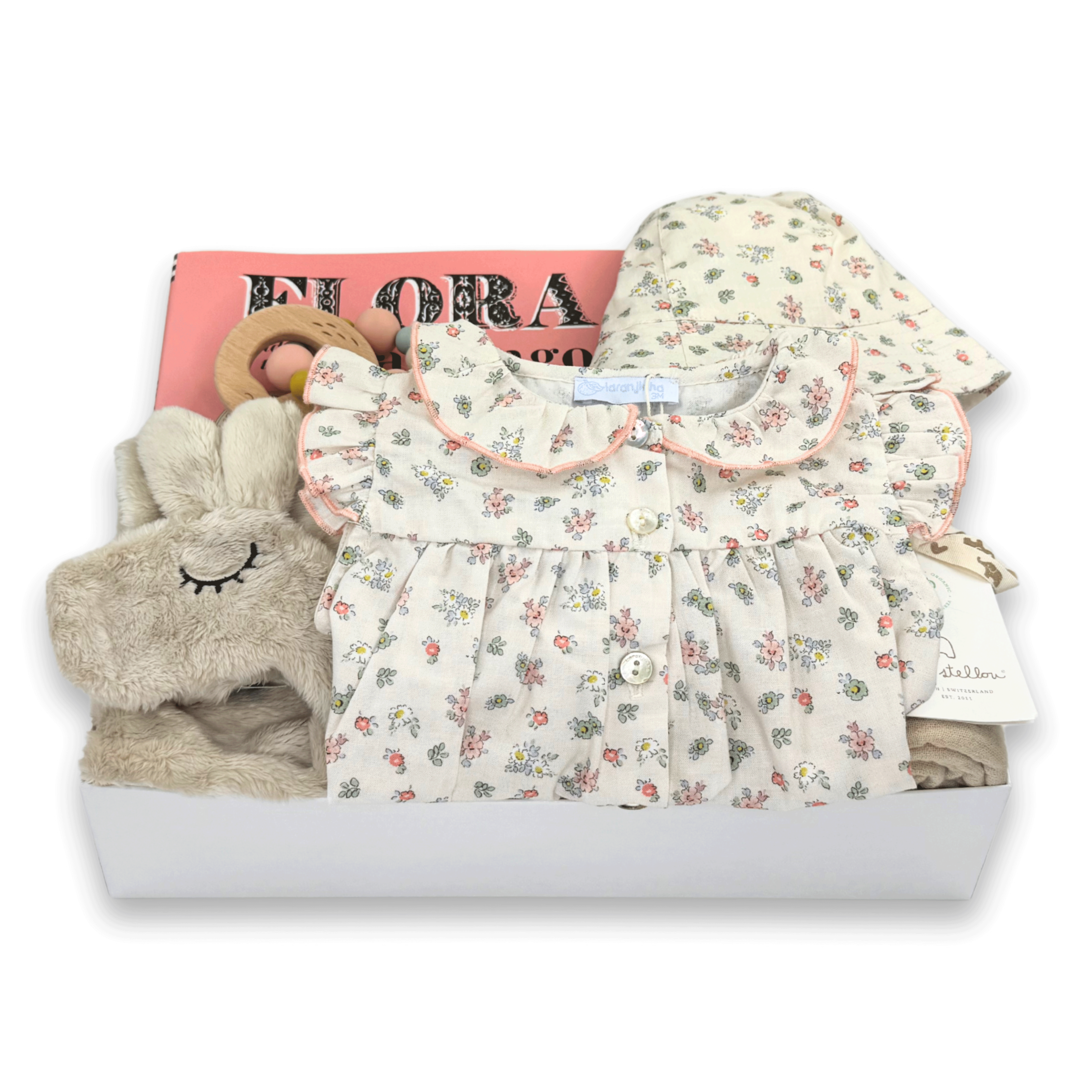 Luxury Baby Gift Box for a newborn girl featuring Laranjinha summer romper