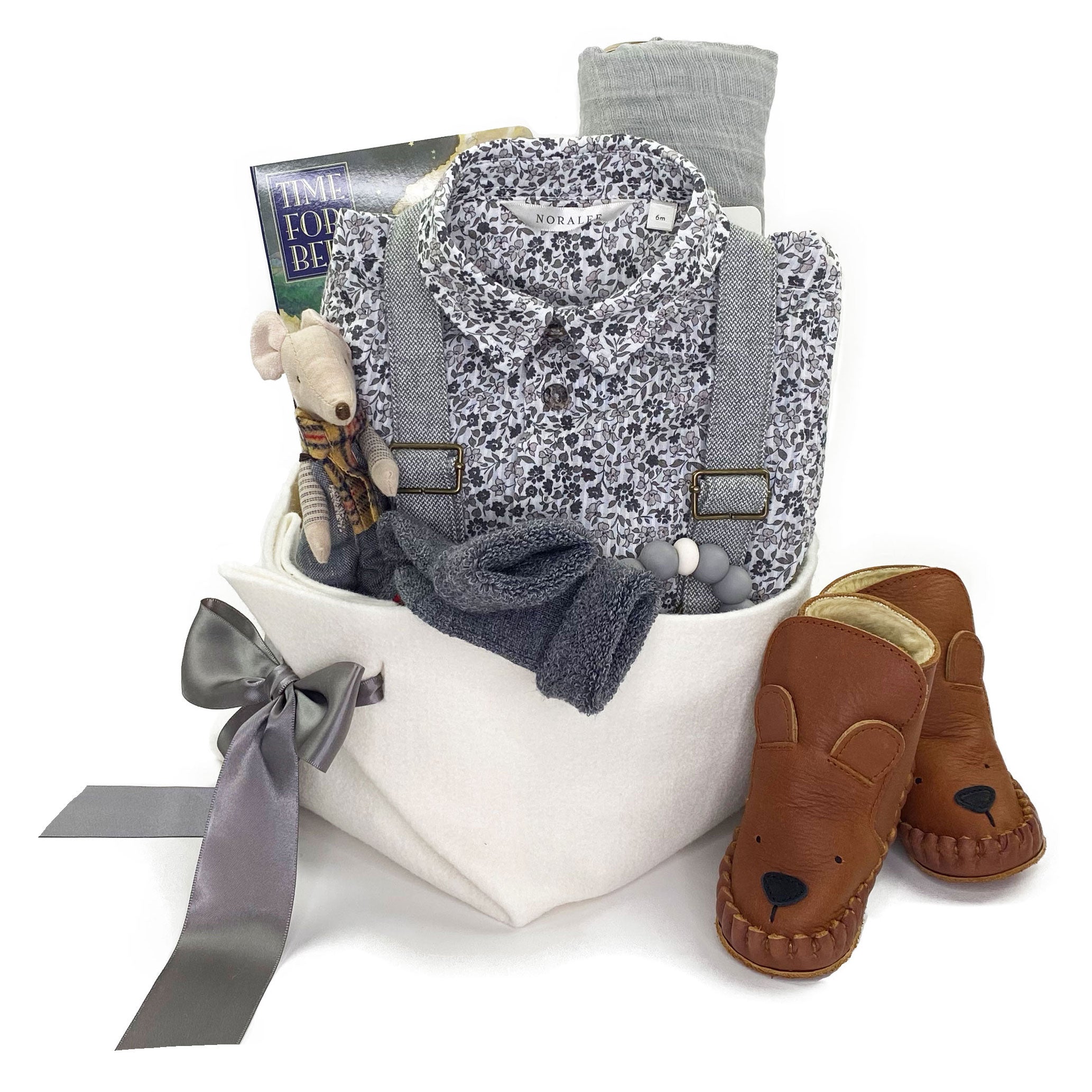 Noralee inspired Luxury Baby Boy Gift Basket featuring suspender pants, leather boots, flower shirt, Maileg Mouse , blanket and curate accessories.  