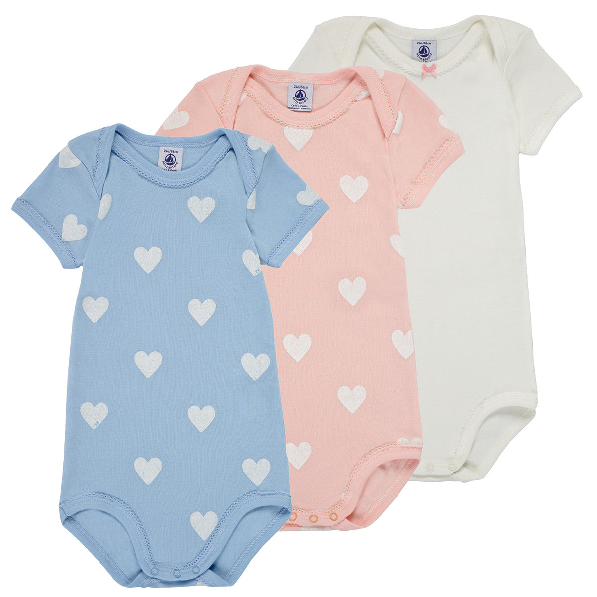 Petit Bateau 3 Piece Bodies with Hearts at Bonjour Baby Baskets - Best Corporate Baby Gifts 