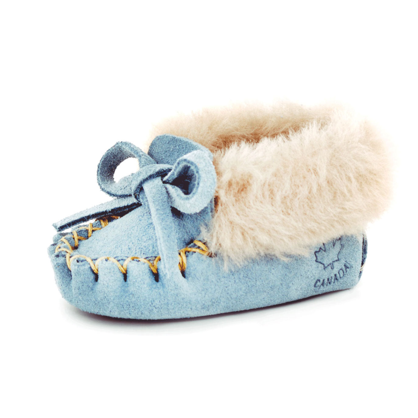 Soft leather baby moccasins  in baby blue with sheepskin  at Bonjour Baby Baskets