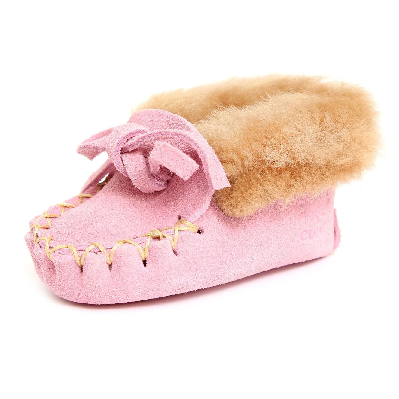 Traditional Baby Mocs in pink leather available at Bonjour Baby Baskets