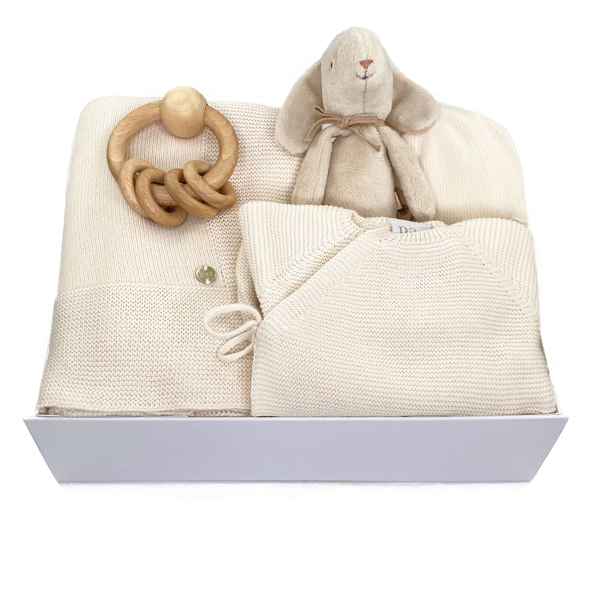 Paz Rodriguez 4 piece knitted baby gift in natural colour with a lovely bunny by Maileg and a wooden rattle by Heimess at Bonjour Baby Baskets