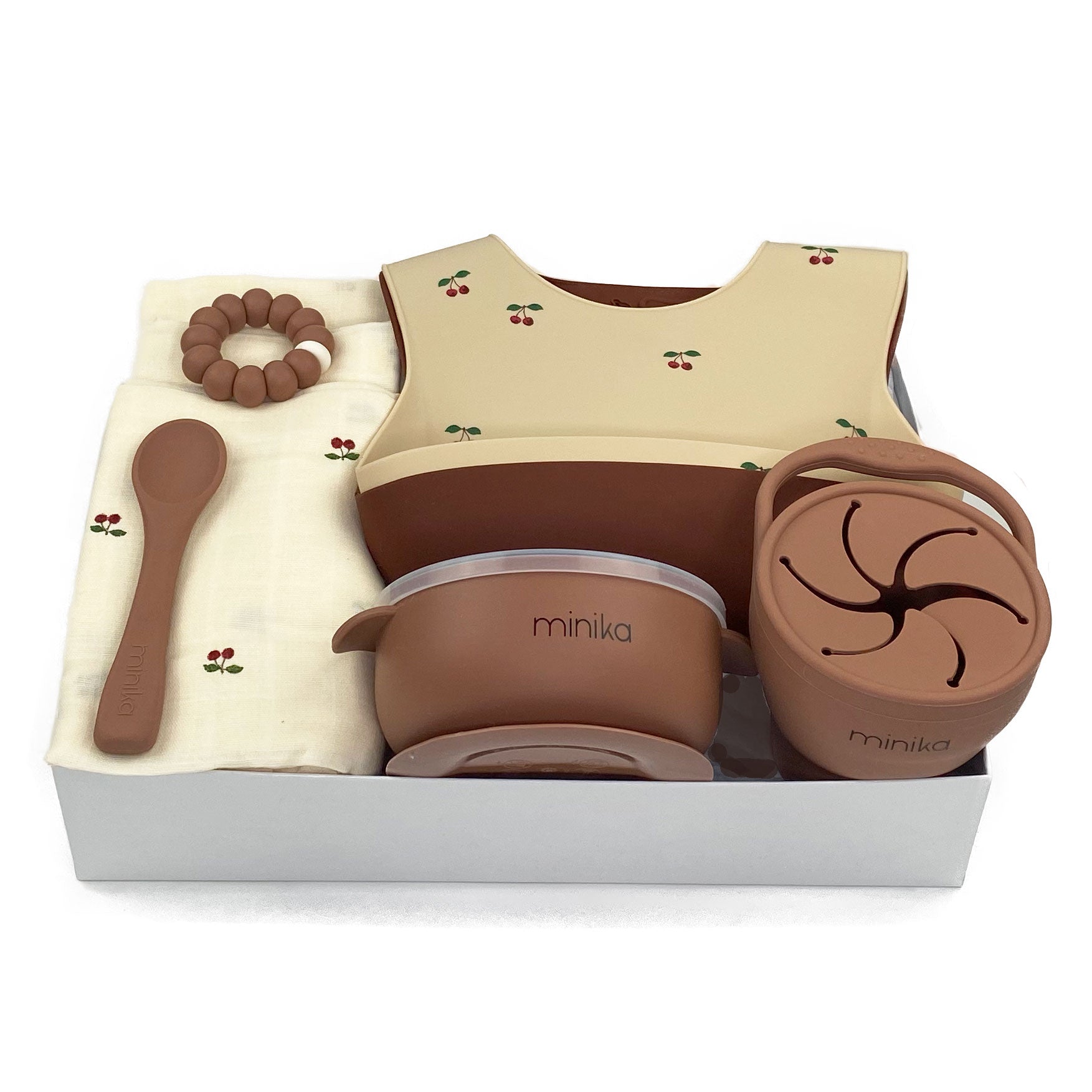 Luxury Baby Gift Box in neutral colours will everything parents will need for baby's first feeding time. 