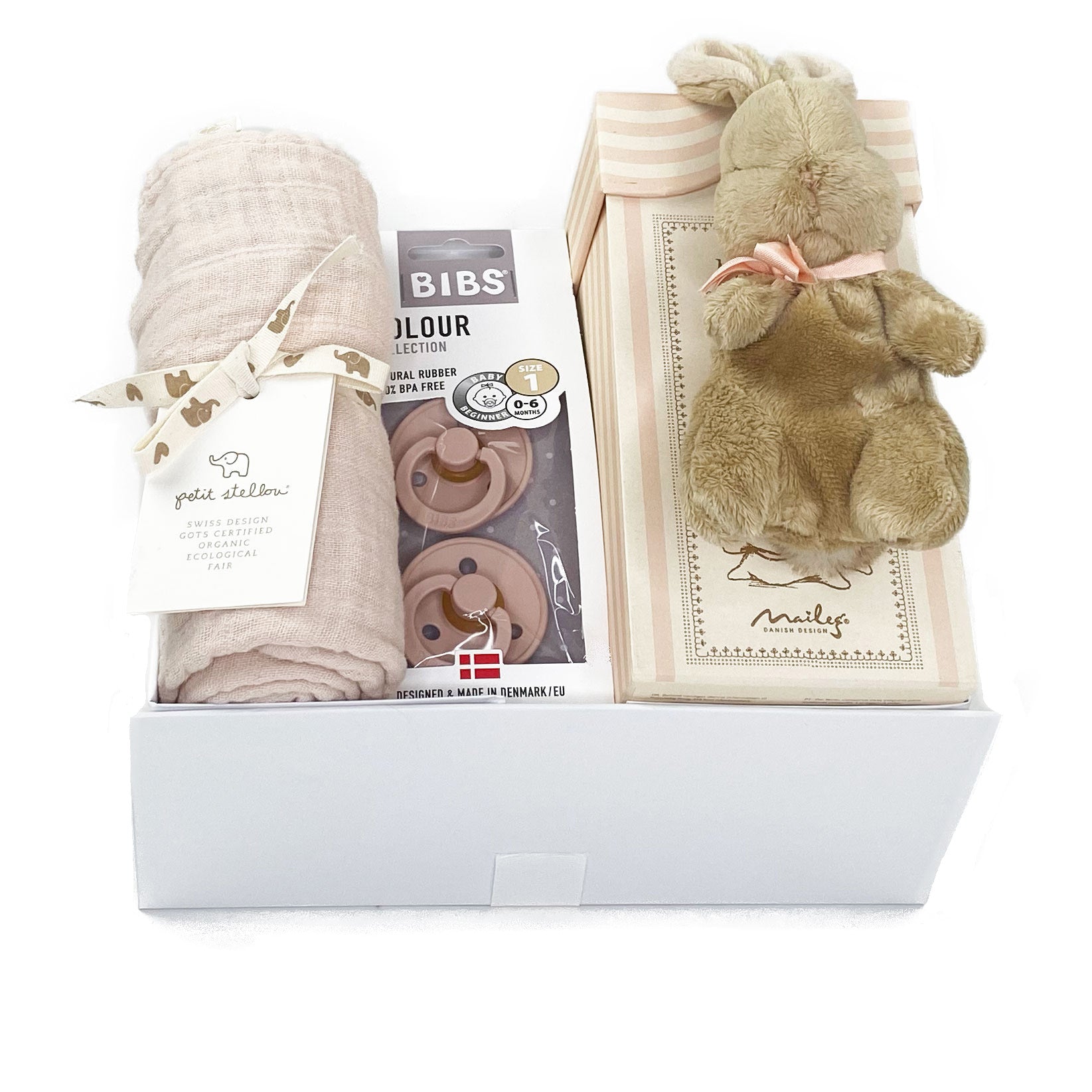 Luxury Baby Box featuring a lovely bunny by Maileg, an organic blankie and a set of two pacifiers in pin at Bonjour Baby Baskets