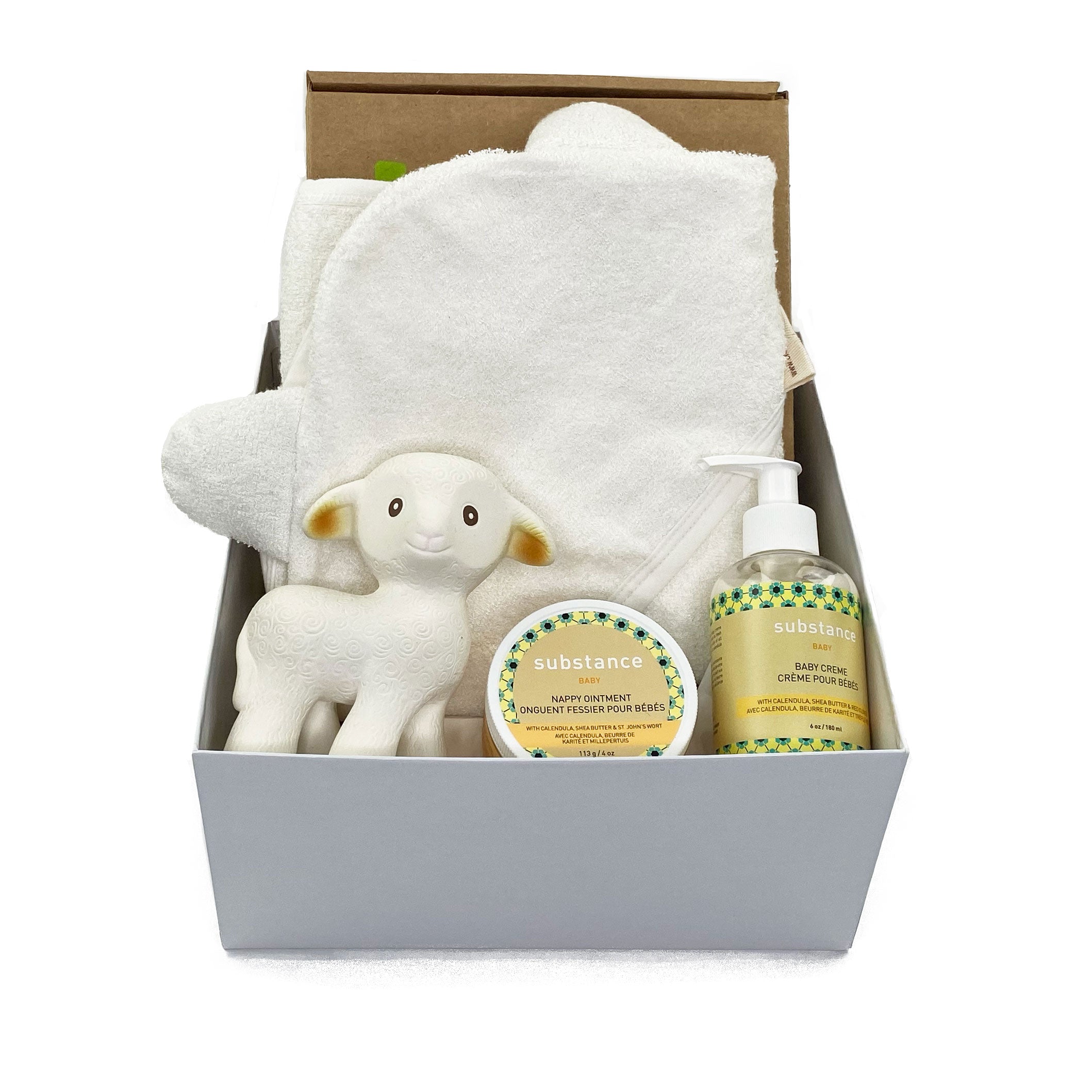 Practical Baby Gift Box with soft bamboo towel, a natural rubber water toy and organic  skin care for your baby's  after bath routine at Bonjour Baby Baskets