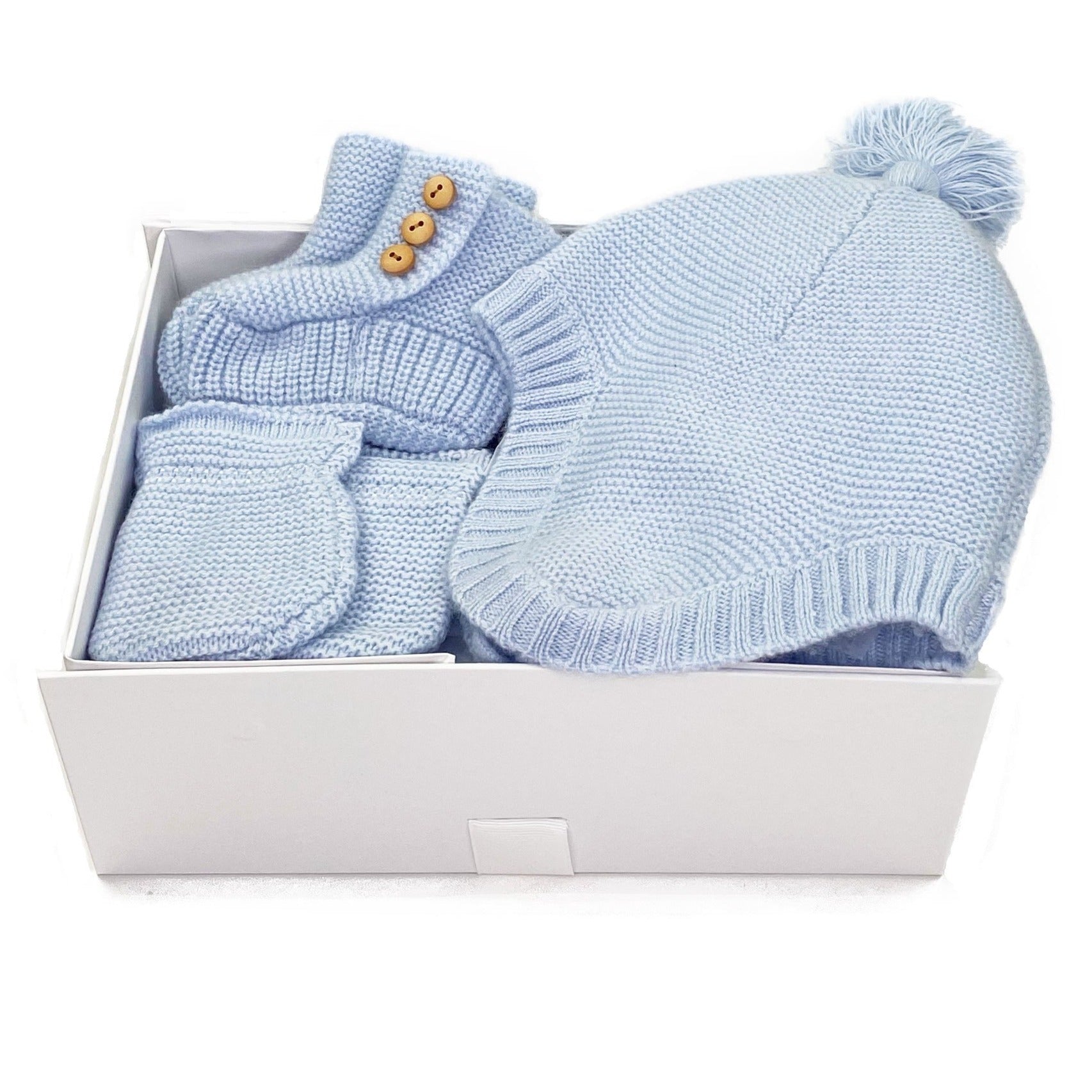 Luxury 3 piece cashmere baby gift in blue colour by Bonjour Baby Baskets