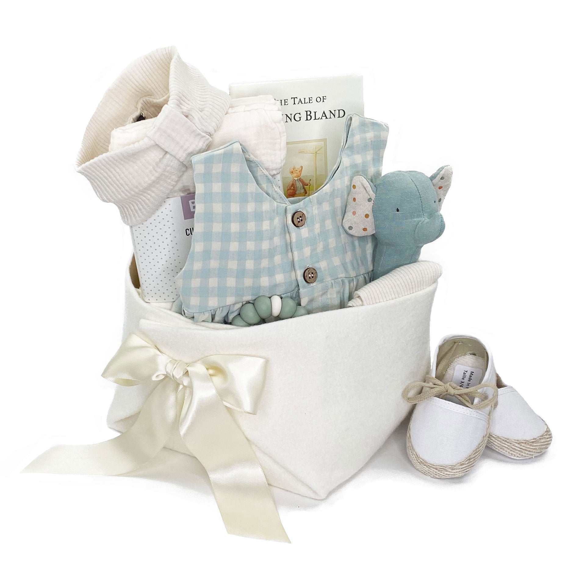 Luxury Baby Girl Gift Basket featuring 1+ in the Family gingham dress, leggings and headband, espadrille shoes and curated baby gifts