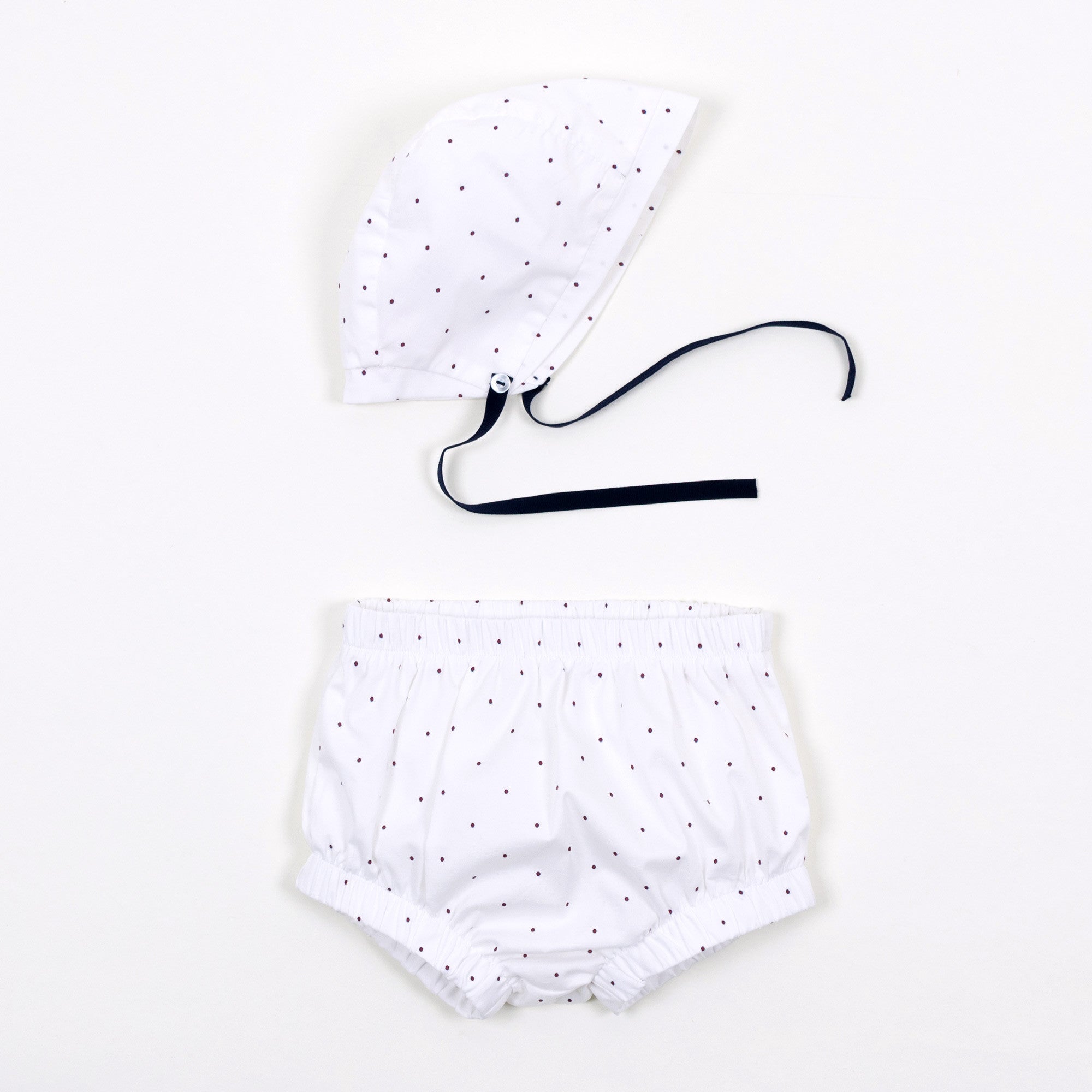 Retro Inspired Bonnet and Bloomer Set in White Polkadots