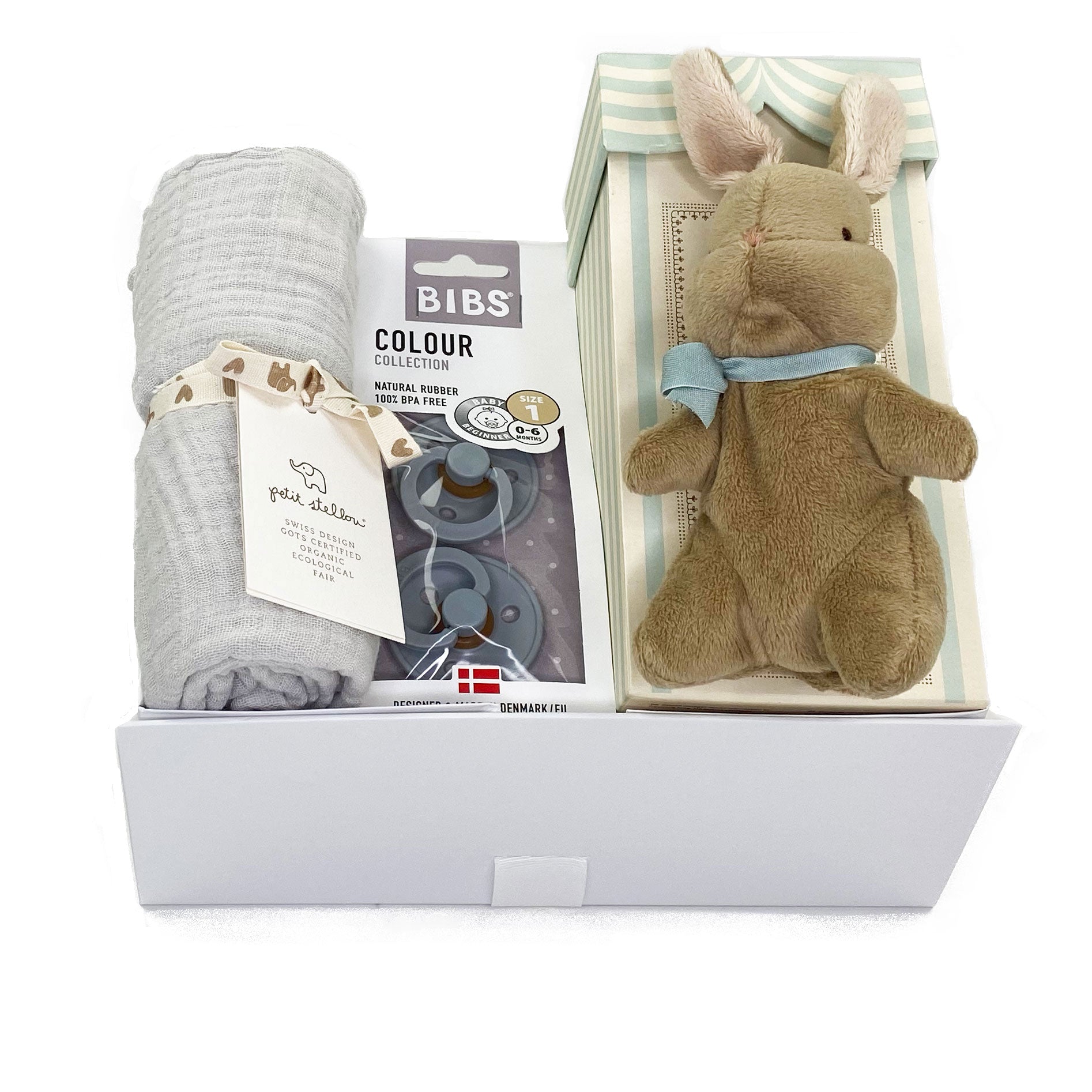 Luxury Baby Gift for a boy featuring a lovely bunny by Maileg, two pacifiers by Bibs and a soft blankie at Bonjour Baby Baskets
