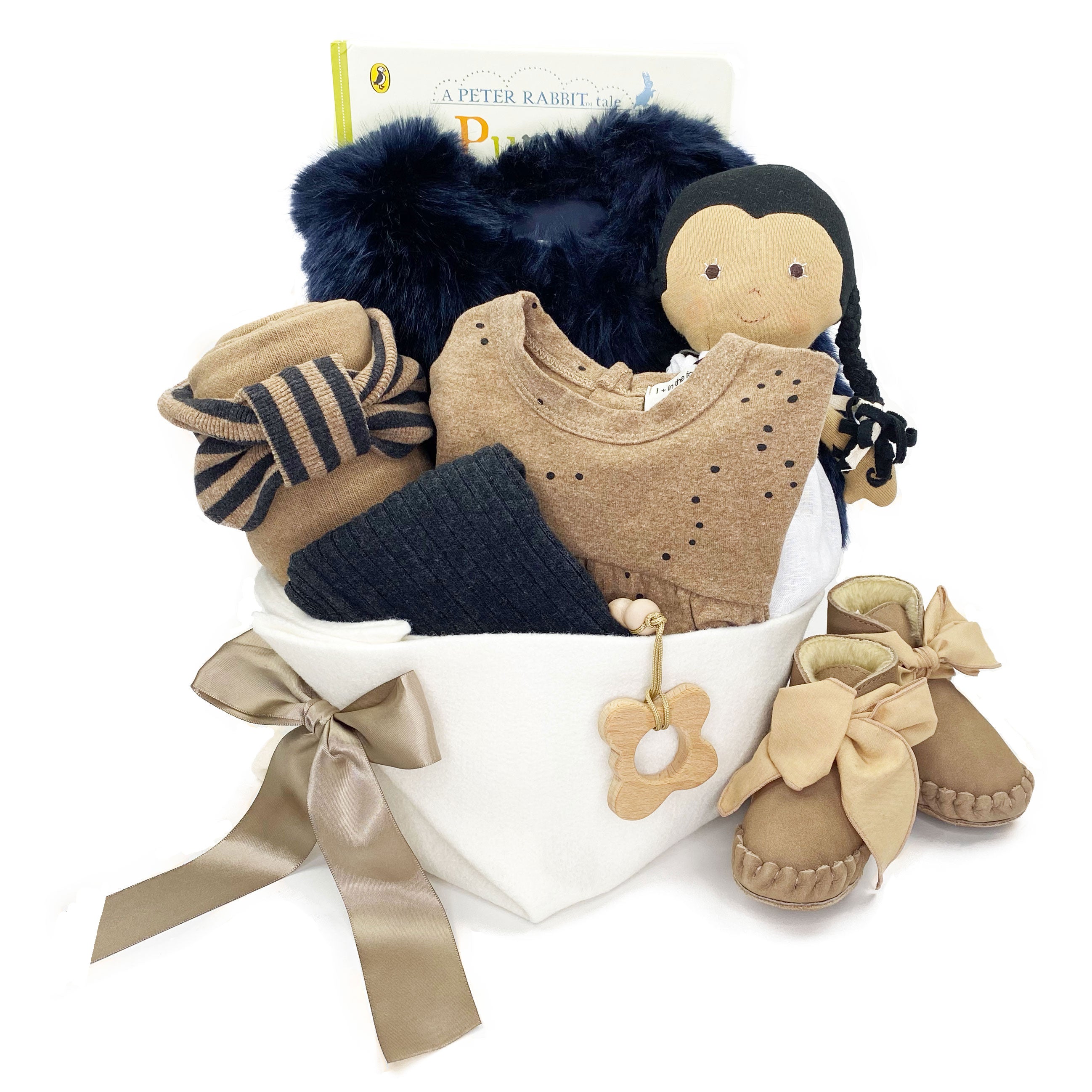 Luxury Baby Girl Gift Basket with leather lined boots, soft blanket and clothing by 1+ in the Family at Bonjour Baby Baskets 