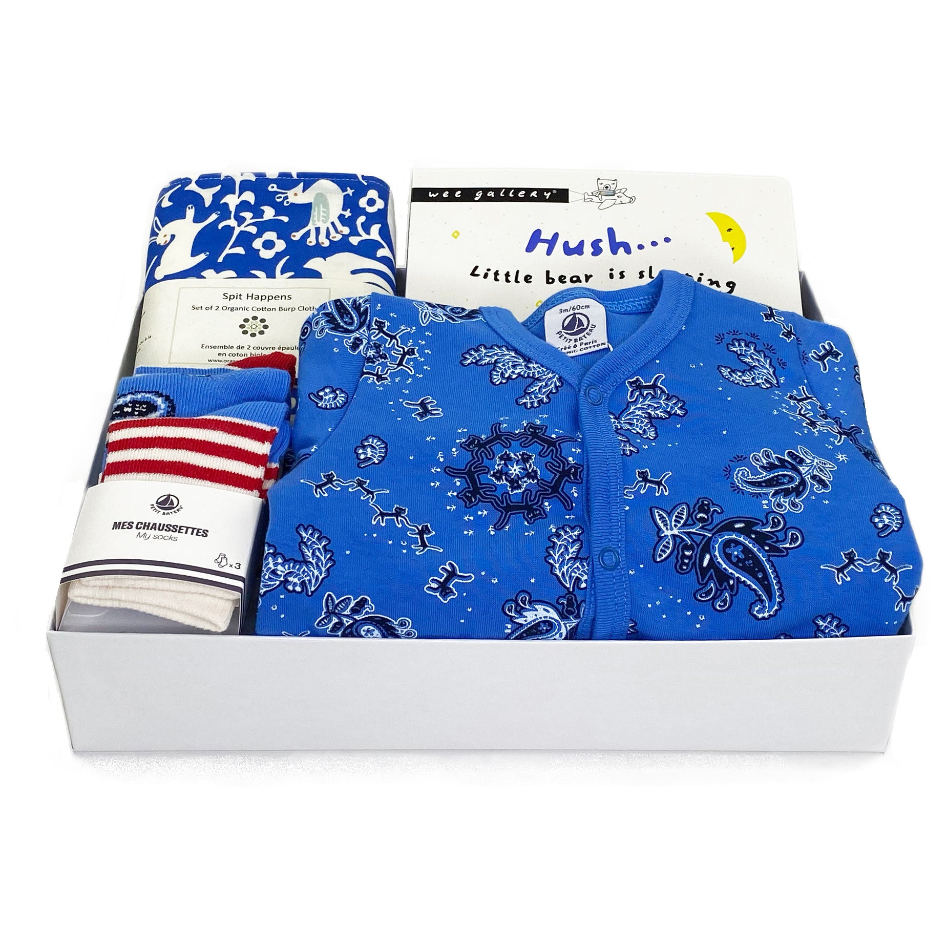 Petit Bateau Luxury Baby Gift Box with a sleeper, socks, burp cloths and book at Bonjour Baby Baskets
