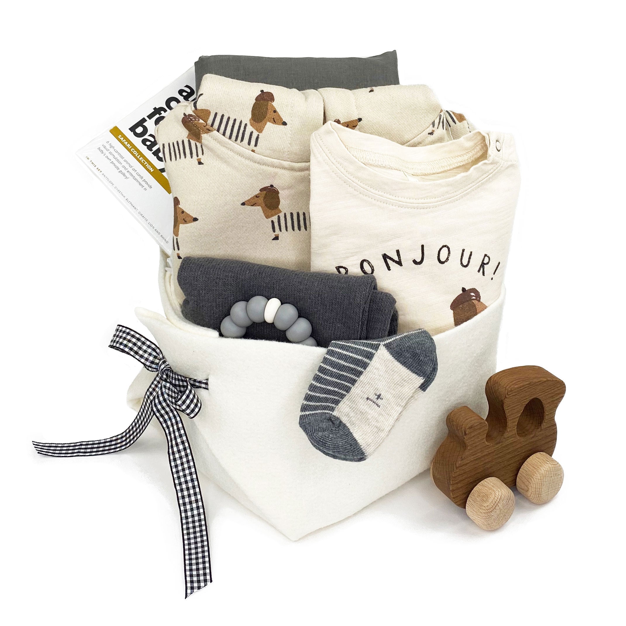 Luxury Baby Gift Basket in neutral colours featuring Rylee and Cru at Bonjour Baby Baskets