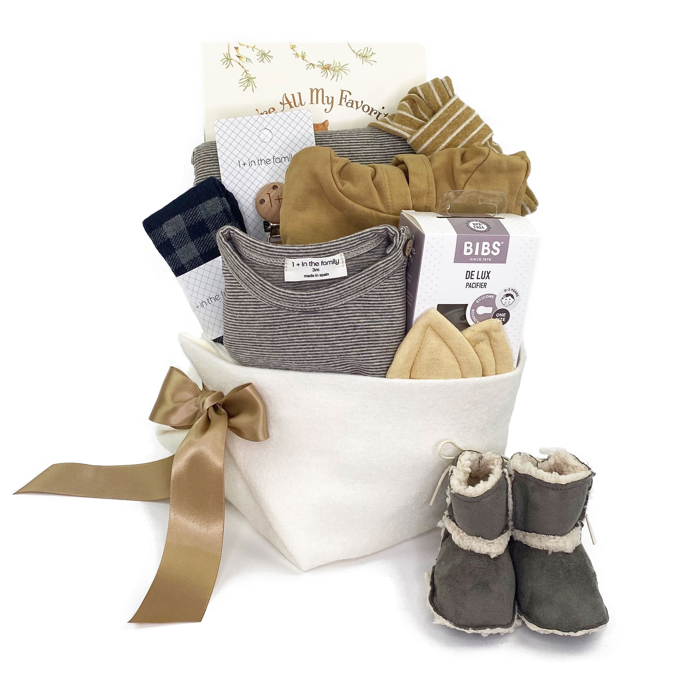 Luxury Baby Girl Gift Basket featuring 1+ in the Family in beautiful mustard and grey colours