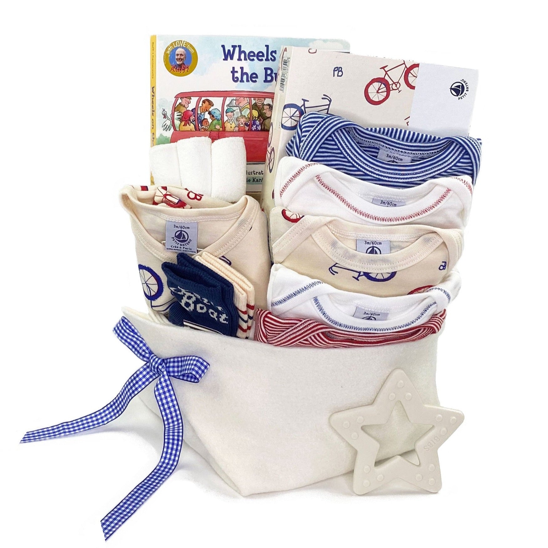 Luxury Baby Gift Basket featuring Petit Bateau  baby gifts with bikes print all over at Bonjour Baby Baskets