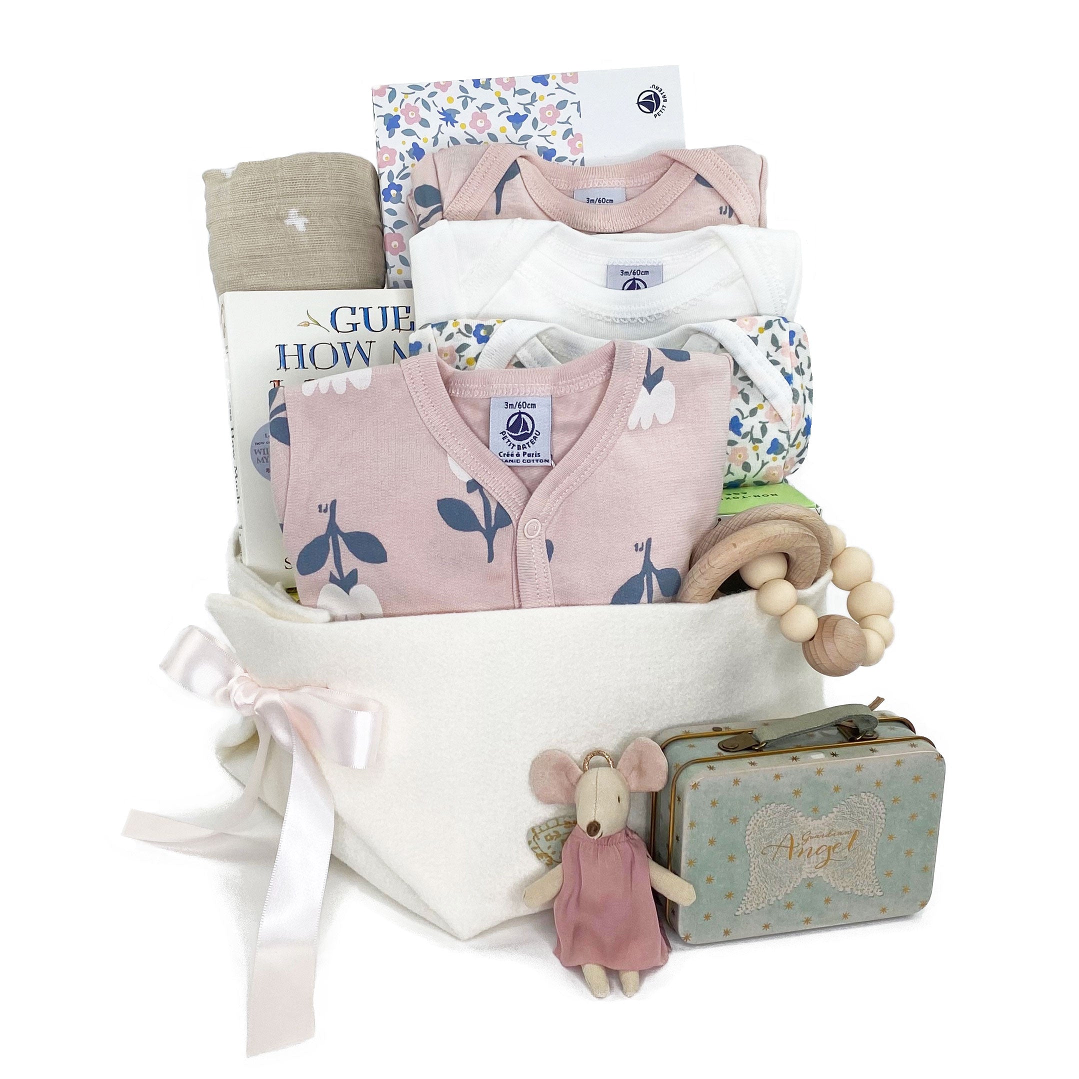 Luxury Baby Gift Basket featuring Petit Bateau Tulips Sleeper and set of 5 onesies in Organic Cotton at Bonjour Baby Baskets