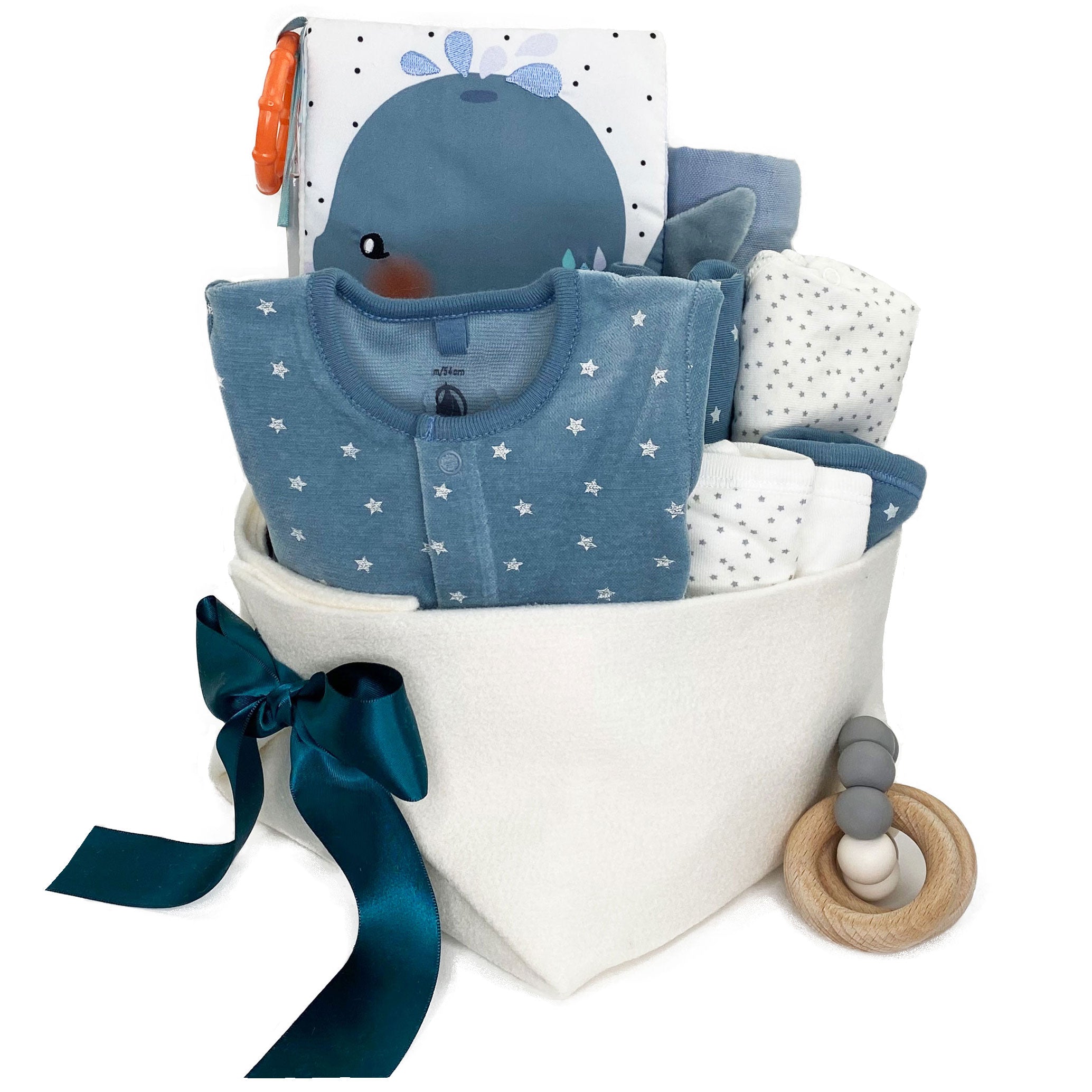 Luxury Baby Gift Basket featuring Petit Bateau set of 3 onesies, 3 bibs and a velour sleeper in organic cotton at Bonjour Baby Baskets