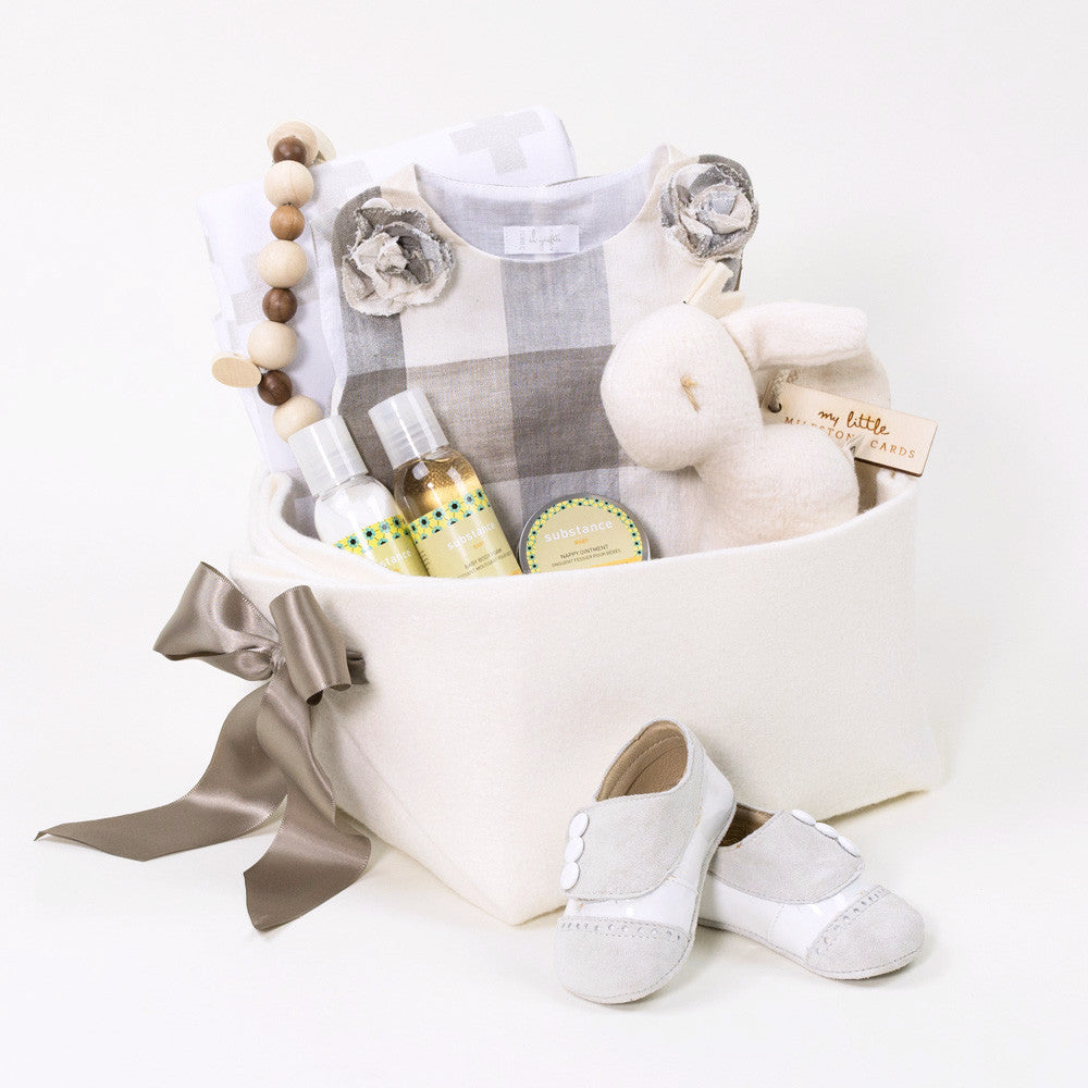 Luxurious baby girl gift basket featuring Il Gufo