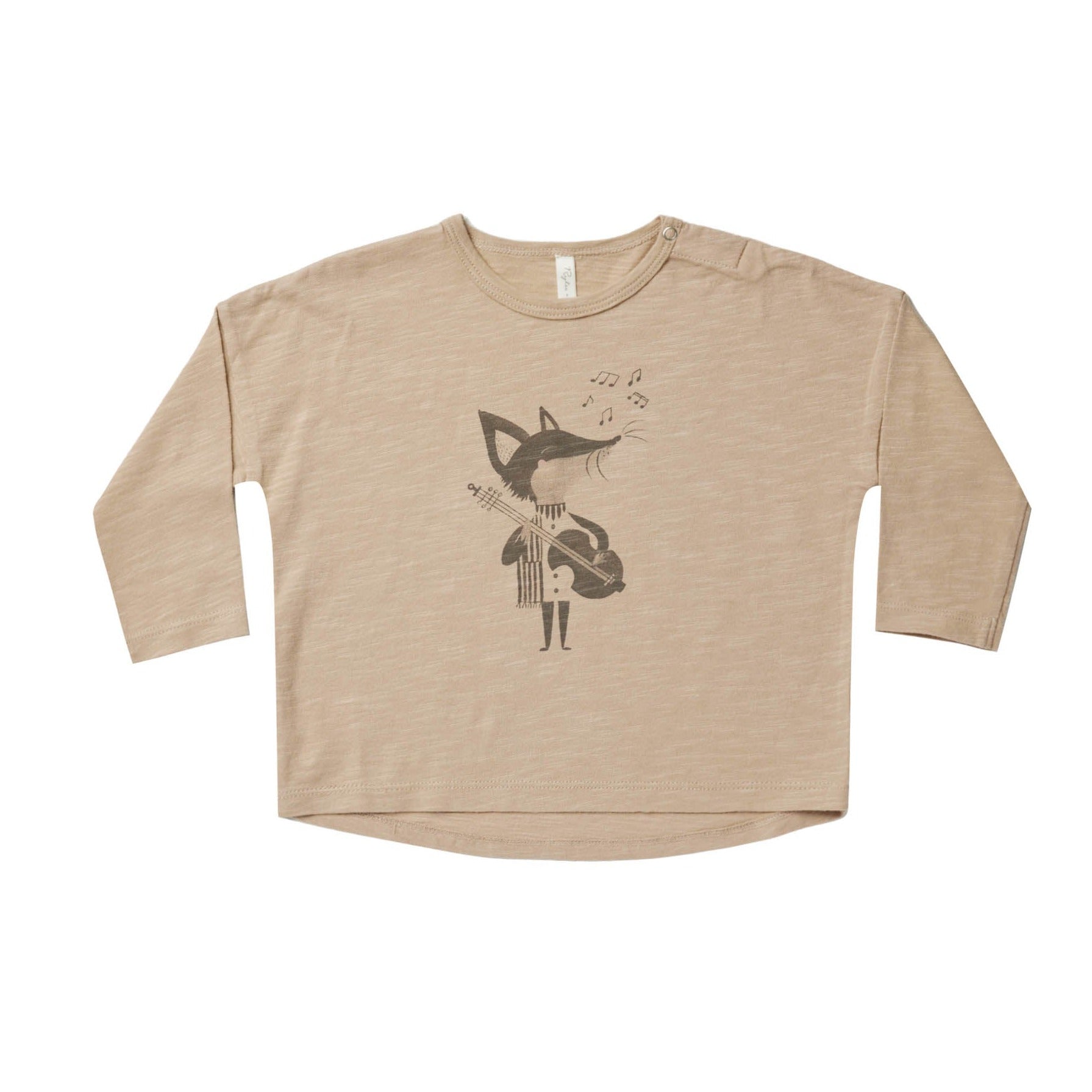 Rylee and Cru baby tee in long sleeves with design of a fox playing guitar at Bonjour Baby Baskets