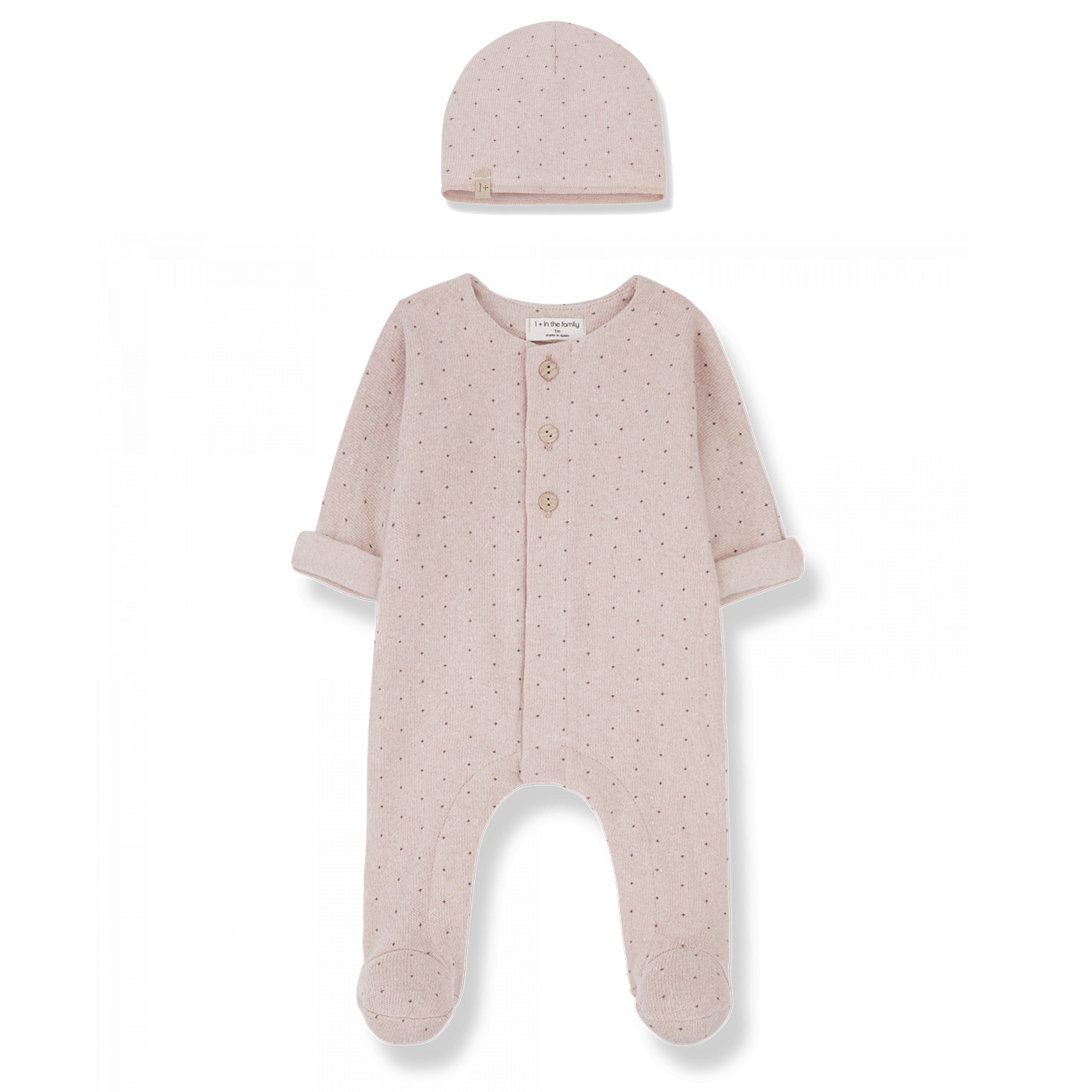 Luxury recycled cotton sleeper and hat by 1+ in the Family at Bonjour Baby Baskets