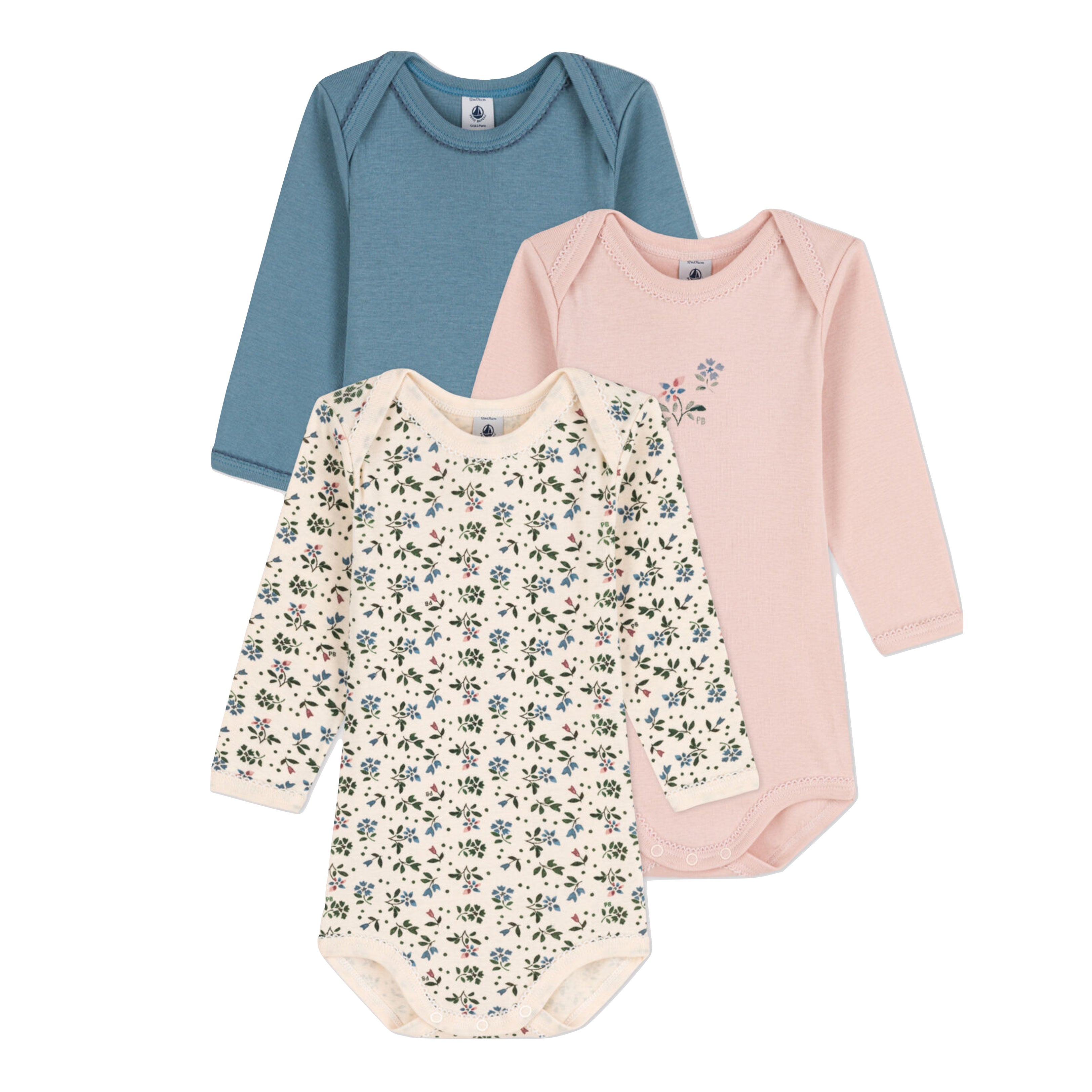 Organic cotton set of 3 baby girl onesies by Petit Bateau at Bonjour Baby Baskets