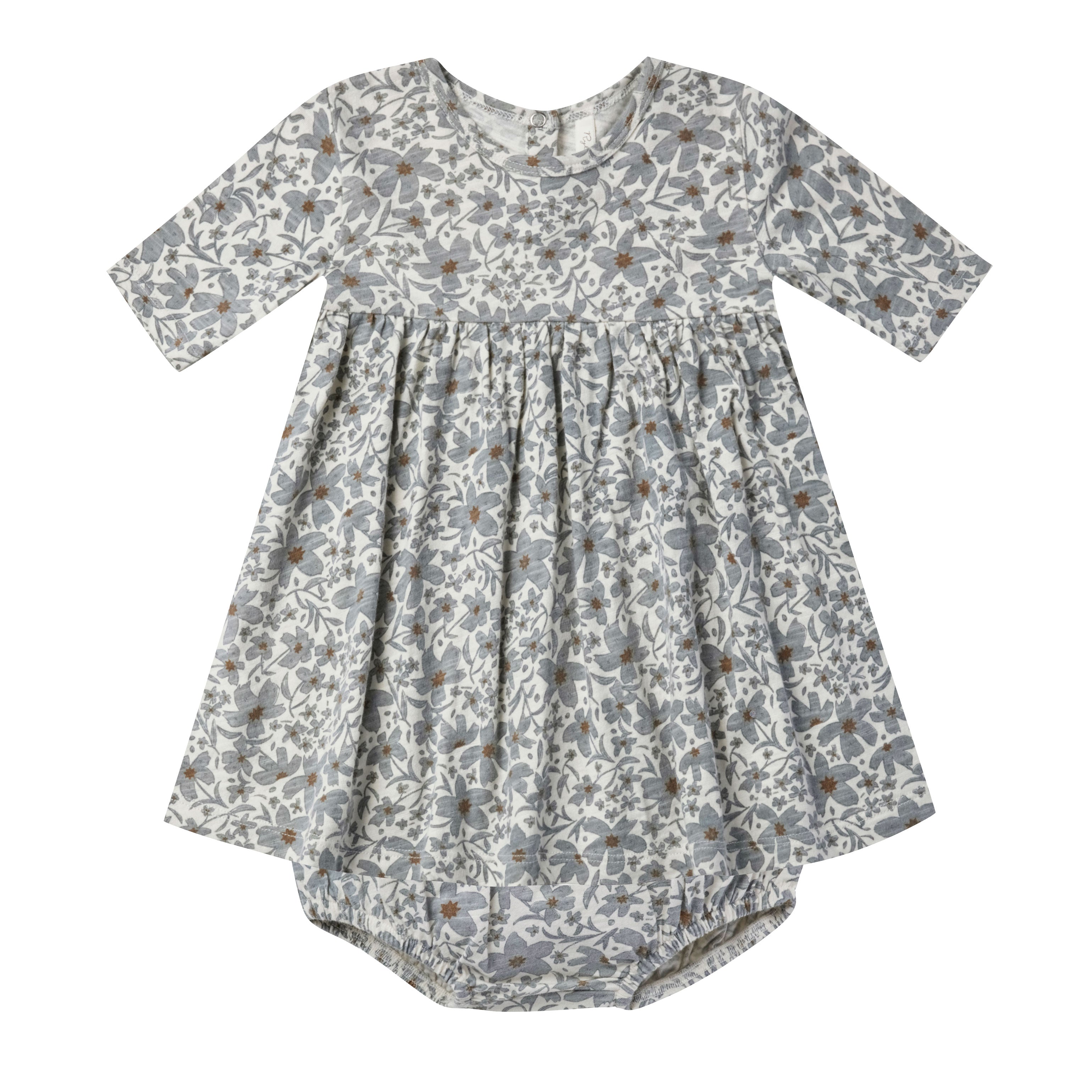 Adorable blue floral baby dress and bloomer set by Rylee and Cru at Bonjour Baby Baskets